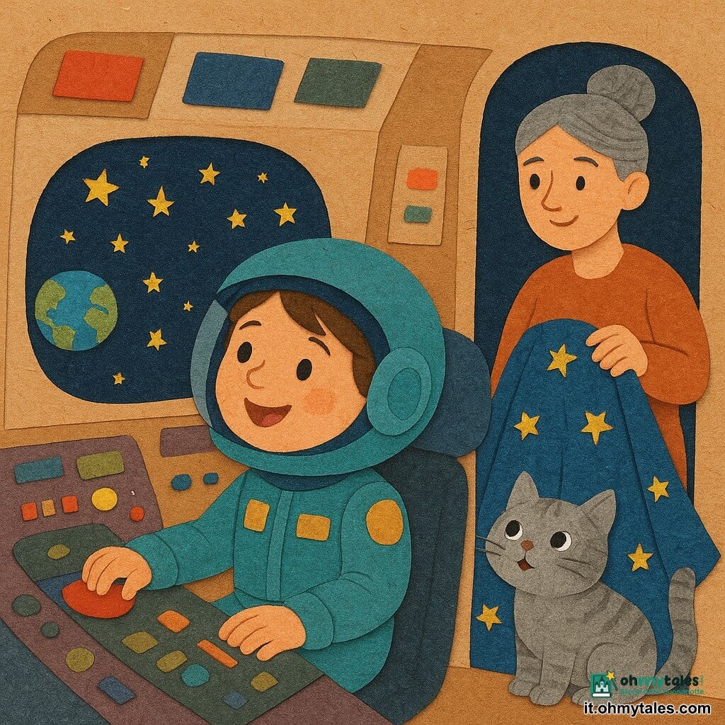 Stella, bambina sorridente e meravigliata in una tuta spaziale blu-verde con toppe dorate, è seduta al posto di pilotaggio mentre preme un grande pulsante rosso; Bolla, gattino grigio dal pelo morbido e occhi tondi, è sul cruscotto e guarda le stelle miagolando piano; la mamma di Stella, donna sulla cinquantina con capelli grigi raccolti, tiene una grande coperta blu stellata vicino alla porta della capsula; sullo sfondo l'interno di una piccola cabina spaziale in stile carta ritagliata con pannelli colorati, schermi quadrati incollati, leve di cartone e finestre ovali che mostrano il cosmo, con una Terra miniatura blu e una pioggia di piccole stelle dorate; scena principale: Stella pilota la navetta con delicatezza, luce calda sul volto, atmosfera dolce e rassicurante, composizione semplice, colori vivaci e texture di carta strappata; stile visivo: forme ritagliate, contorni incollati, texture di carta grana visibile, ombre semplici e colori contrastati adatti ai più piccoli.