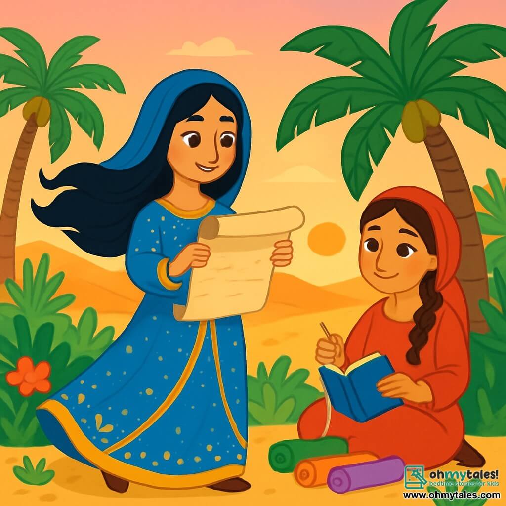 A woman named Layla, about 30 years old, stands at the center of the image, with long black hair flowing in the desert wind. Her face is gentle yet determined, illuminated by a warm smile, and her eyes shine with a glimmer of hope. She wears a flowing dress in shades of blue and gold, adorned with delicate patterns that sparkle under the setting sun. Next to her, a bookbinder named Zara, around 25 years old, sits under a palm tree, surrounded by colorful scrolls. She has braided brown hair and wears a bright red tunic, her nimble hands busy sewing a magical book. Her gaze is focused, but she smiles at Layla, sharing a moment of camaraderie. The setting is a lush oasis, with verdant palm trees and vibrant flowers contrasting with the golden desert sand. In the background, dunes stretch endlessly, bathed in the soft light of dusk, while the sky is tinted with shades of pink and orange. The main scene shows Layla reading an ancient scroll, her eyes sparkling with curiosity, while Zara watches attentively. Together, they uncover an ancient secret that could restore justice in a hidden suburb, surrounded by the magic of the oasis.