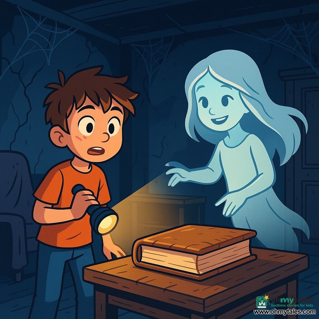 A 10-year-old boy named Ethan, with messy brown hair and sparkling curious eyes, stands in the center of a dark, dusty room. His face shows both excitement and slight fear as he holds a flashlight that weakly illuminates the crumbling walls. Beside him is a ghostly girl named Lily, also around 10, with long flowing hair and a translucent white dress, smiling gently while pointing to an old dusty book on a worn wooden table. The scene takes place in a room of an old haunted mansion, with cracked walls, hanging cobwebs, and dust-covered furniture. Shadows dance around them, creating a mysterious and intriguing atmosphere. Fascinated, Ethan approaches the ancient book, ready to uncover the secrets that could free the trapped spirits in the house.