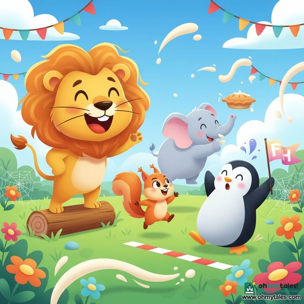 A jovial lion with a large amber-and-gold curly mane, round sparkling eyes and a wide grin stands on a small log stage with his right paw raised as if hosting a game; a hyperactive small red squirrel with glossy fur and mischievous eyes jumps beside the stage flicking its bushy tail ready to run backward; a round black-and-white penguinette with glossy feathers and a surprised amused expression holds a small banner at the finish line, slightly leaning back after her run; a pastel gray elephant with a trunk painted in colorful designs stands in the background throwing a pie, cream splashes visible in the air; the scene is a sunny clearing in Giggle Grove with vibrant green grass, colorful flower clumps, glittering spiderwebs, pennant garlands and a blue sky with fluffy clouds, showing a comic summer festival of animals in funny costumes doing a backward race and a pie fight, dynamic movement, bright colors, and a joyful composition centered on the lion host.