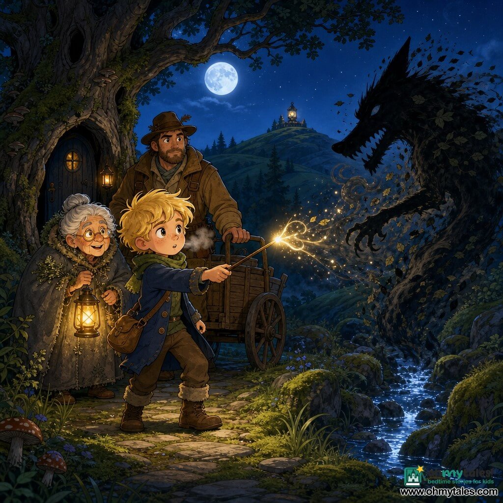 A brave six-year-old boy with a round, freckled face and tousled blond hair, visible breath in the cold, holding a dark stick like a wand and whispering a short rhyme while looking ahead; behind him to the left, a small, stooped 70-year-old woman in a gray coat scented with thyme, bright eyes and a gentle smile, holding a small lantern; to the right rear, a 35-year-old hunter with a short beard, leather hat and canvas jacket, hand on a cart, watchful and reassuring. The night forest path features mossy stones, a sparkling stream, a hollow oak with a dark door, rolling hills and a small hill topped by a lantern. The main scene shows the "Big Bad Wolf" as a long, tapering shadow of dark smoke and leaves dissolving as if driven back by the rhyme. Soft blue moonlight with warm lantern glow, detailed wood and moss textures, deep greens, night blues and golden accents. Graphic style: clean lines, rounded contours, exaggerated readable expressions for children, mysterious yet comforting atmosphere.