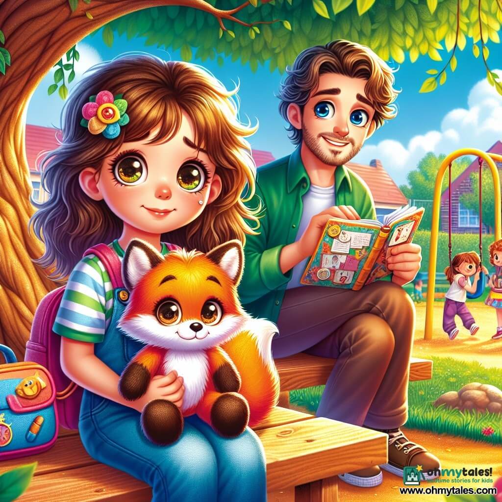 A 10-year-old girl with messy brown hair and sparkling curious eyes is sitting on a wooden bench under a large tree with shiny green leaves. She has a gentle smile but a slight furrowed brow that shows her worry. In her arms, she holds a small stuffed fox, Foxy, with a slightly floppy ear and bright orange fur. Next to her, a man in his thirties, her uncle, has curly hair and a well-groomed beard. He smiles warmly, holding a small notebook filled with drawings and notes, ready to tell a story. The setting is a sunny school park, with colorful swings, a golden sandbox, and children playing in the distance, creating a cheerful and lively atmosphere. The main situation shows the girl eagerly waiting for her uncle's arrival while searching for her lost stuffed fox, her heart beating with anxiety, but surrounded by the comforting energy of the park.