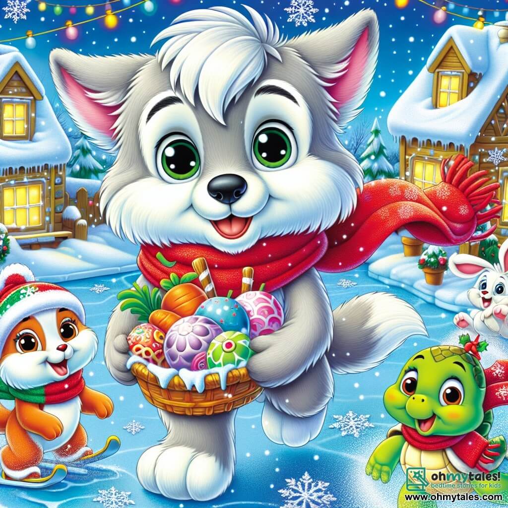 A little wolf named Wally, with soft gray fur and sparkling eyes full of joy, stands at the center of the scene, a big smile lighting up his face. He wears a bright red scarf that flutters in the wind while holding a basket full of colorful treats, ready to share with his friends. To his right, Benny the Bunny, an adorable rabbit with big ears and white fur, jumps for joy, his eyes shining with excitement. He wears a small Christmas hat and holds a carrot decorated with a pretty ribbon, ready to give it to Wally. On the left, Tilly the Turtle, with her green shell adorned with snowflakes, glides on the ice with a delighted smile. Her little feet flap joyfully as she claps for Wally, surrounded by gently falling snowflakes. The setting is a charming snowy village, with houses topped with sparkling snow, twinkling lights decorating the trees, and a large illuminated Christmas tree in the center of the square, creating a festive and warm atmosphere. The main scene shows Wally, Benny, and Tilly celebrating together, sharing laughter and treats, surrounded by the magic of Christmas, while snowflakes dance in the air, adding a touch of enchantment to this joyful moment.