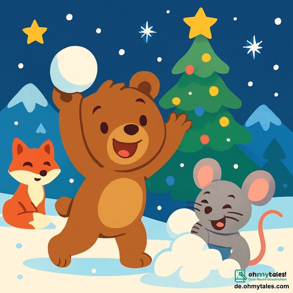 Ein kleiner brauner Bär namens Bruno mit weichem Fell und funkelnden Augen steht lächelnd in der Mitte der Szene und hebt die Pfoten in die Luft, bereit, einen großen Schneeball zu werfen. Neben ihm lacht eine kleine graue Maus namens Mimi mit großen Ohren und einem schelmischen Ausdruck, während sie sich hinter einem Schneehaufen versteckt und bereit ist, ihren eigenen Schneeball zu werfen. Die Szenerie zeigt eine bezaubernde Winterlandschaft mit schneebedeckten Bergen im Hintergrund, funkelnden Sternen am Nachthimmel und bunten Lichtern, die einen großen geschmückten Weihnachtsbaum erleuchten. Der Schnee glänzt im Licht der Sterne, während sanfte Schneeflocken um sie herum fallen. Die Hauptsituation zeigt Bruno und Mimi in einem Schneeballkampf, lachend und spielend, umgeben von anderen Waldbewohnern, die sie fröhlich anlächeln und eine festliche, warme Atmosphäre zur Feier des Neujahrs schaffen.