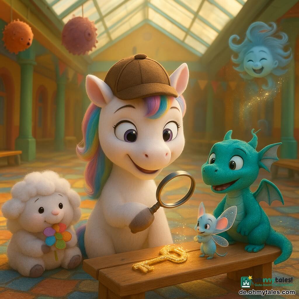 Flitzi, eine kleine Einhorn-Detektivin, steht in der Mitte, lächelnd und konzentriert, perlmuttweißes Fell, pastellregenbogenmähne, kleines Ermittlerhäubchen und Lupe an der Pfote, vor einem glitzernden Schlüsselbund auf einer Bank; hinter ihr Wirbel, ein türkisfarbener Drache mit funkelnden Schuppen, erleichtert und fasziniert, Flügel angelegt; Fips, eine winzige Mäusefee mit durchsichtigen Flügeln, hält den Schlüsselbund frech auf einer Kiste unter dem Dach; Kuschel, ein wolkiges Schaf, kaut links ruhig an einer Regenbogenblume; Wuschel, ein kleiner Windgeist mit wirbelndem Haar, schwebt rechts im Hintergrund und lässt Pailletten wehen; Schauplatz: bunter Pausenhof einer Zauberschule unter großem Glasdach mit Mosaikboden, bemalten Holzbänken und goldenen Sonnenstrahlen — freudige Wiedersehensszene, zentrierte Komposition, leuchtende Farben und warme, weiche 3D-Texturen.
