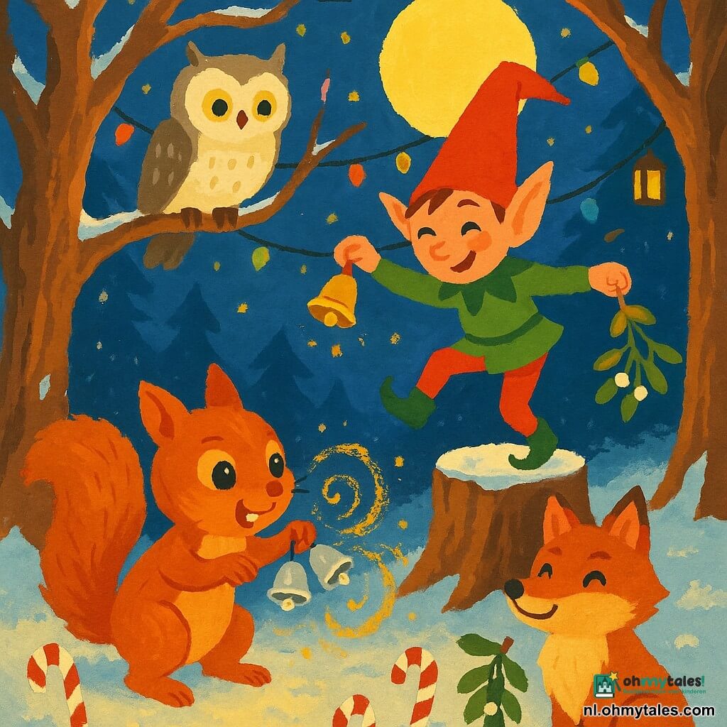 Knabbel, een kleine roodbruine eekhoorn met zacht vachtje en glanzende ogen, schudt twee zilveren belletjes; de Ondeugende Kabouter, een elfje in groene jas en rood puntmutsje, lacht en springt op een stronkje met een gouden bel; een ronde witte uil kijkt rustig vanaf een tak; een roodbruine vos zit speels in de sneeuw naast een maretak aan een lage tak. In een besneeuwde open plek van het Sprookjesbos met met sneeuw bedekte, kronkelende bomen, feestlampjes en een bleekgele maan, glanzen slingers en zuurstokken in de sneeuw. De belletjes geven een gouden licht dat in fonkelende spiralen kringelt en de dieren samenbrengt in een warme, gouache-achtige scène met zachte kleuren en sterke contrasten.