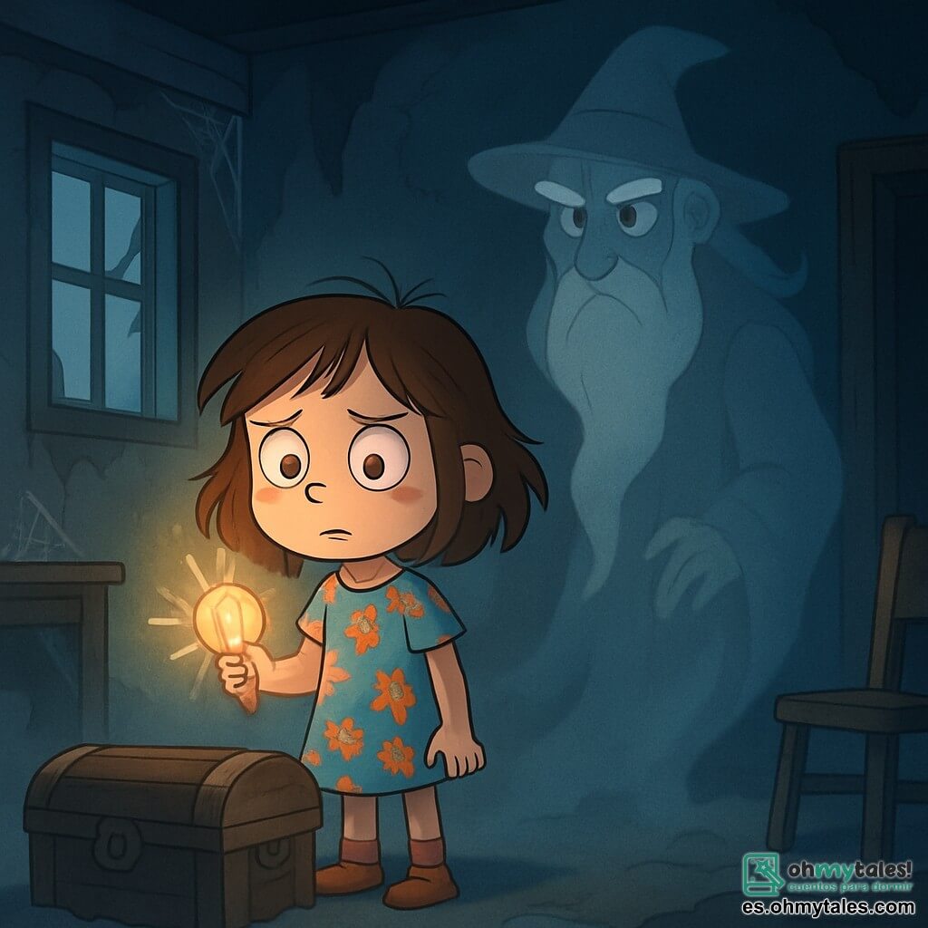 Una niña de 8 años, llamada Alicia, se encuentra en el centro de la escena, con grandes ojos curiosos y una expresión ligeramente preocupada. Tiene el cabello castaño desordenado, un vestido colorido con motivos de flores y sostiene un amuleto brillante en su mano. A su lado, una sombra difusa que representa a un antiguo mago flota en el aire, con una larga barba blanca y ojos penetrantes, observando a Alicia con una expresión misteriosa. El lugar es una casa abandonada, con paredes en ruinas y ventanas rotas, rodeada de una espesa niebla que envuelve el suelo. Telarañas cuelgan de las esquinas y muebles polvorientos están esparcidos por el lugar, creando una atmósfera intrigante y aterradora. Alicia, con una expresión de determinación, se encuentra frente a un antiguo baúl, descubriendo el poder del misterioso amuleto, mientras sombras bailan a su alrededor, evocando historias del pasado.