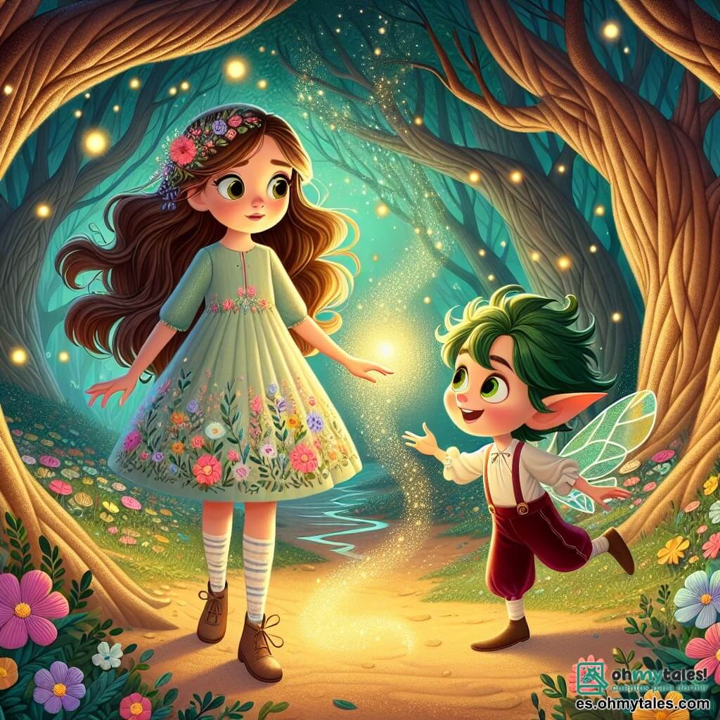 Clara, una joven de largos cabellos castaños y ojos llenos de curiosidad, se encuentra en el centro de un claro encantado, con una sonrisa de asombro en su rostro. Lleva un vestido ligero de tela pastel, adornado con flores coloridas, y extiende la mano hacia una luz dorada que danza a su alrededor. A su lado, Nino, un pequeño duende de cabellos verdes y grandes orejas puntiagudas, salta alegremente, sus ojos brillando de travesura. Lleva un pantalón de terciopelo rojo y una túnica de hojas, y parece invitar a Clara a seguirlo en la aventura. El lugar es un bosque mágico, con árboles de troncos torcidos y hojas brillantes, iluminado por luciérnagas que flotan en el aire. Flores multicolores cubren el suelo, y a lo lejos, un arroyo murmura suavemente. La situación principal muestra a Clara descubriendo el paso secreto hacia el Reino de los Sueños, fascinada por la luz dorada que la invita a entrar en un mundo de magia y aventura.