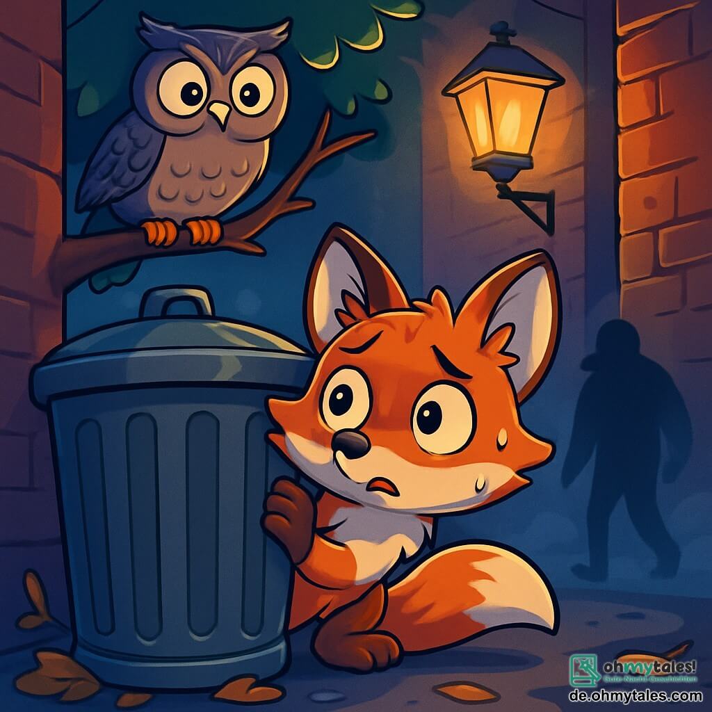 Ein junger Fuchs mit glänzenden, neugierigen Augen, einem leuchtend roten Fell und einem buschigen Schwanz versteckt sich hinter einem alten Mülleimer, sein Gesicht von Besorgnis und Aufregung gezeichnet. Er beobachtet aufmerksam eine dunkle, verschwommene Silhouette, die sich im flackernden Licht abzeichnet, seine Ohren aufrecht und sein Herz schlägt heftig. In der Nähe beobachtet eine weise Eule mit grauen Federn und großen, runden Augen die Szene von einem niedrigen Ast aus, ihr Ausdruck ist sowohl besorgt als auch aufmerksam, bereit einzugreifen, falls nötig. Sie sitzt direkt über dem Fuchs und verleiht der Atmosphäre einen Hauch von Geheimnis. Der Ort ist eine enge, dunkle Gasse, gesäumt von abgenutzten Ziegelmauern, mit tanzenden Schatten, die von einer flackernden alten Laterne geworfen werden. Verwelkte Blätter bedecken den Boden, und ein leichter Nebel steigt auf, was eine sowohl beunruhigende als auch fesselnde Stimmung schafft. Die Hauptsituation zeigt den jungen Fuchs, der im Schatten erstarrt ist und die geheimnisvolle Silhouette beobachtet, die sich langsam zu bewegen scheint, als suche sie etwas in der Nacht. Die Luft ist angespannt, und die Spannung ist spürbar, während der Fuchs sich fragt, ob er sich nähern oder fliehen soll.
