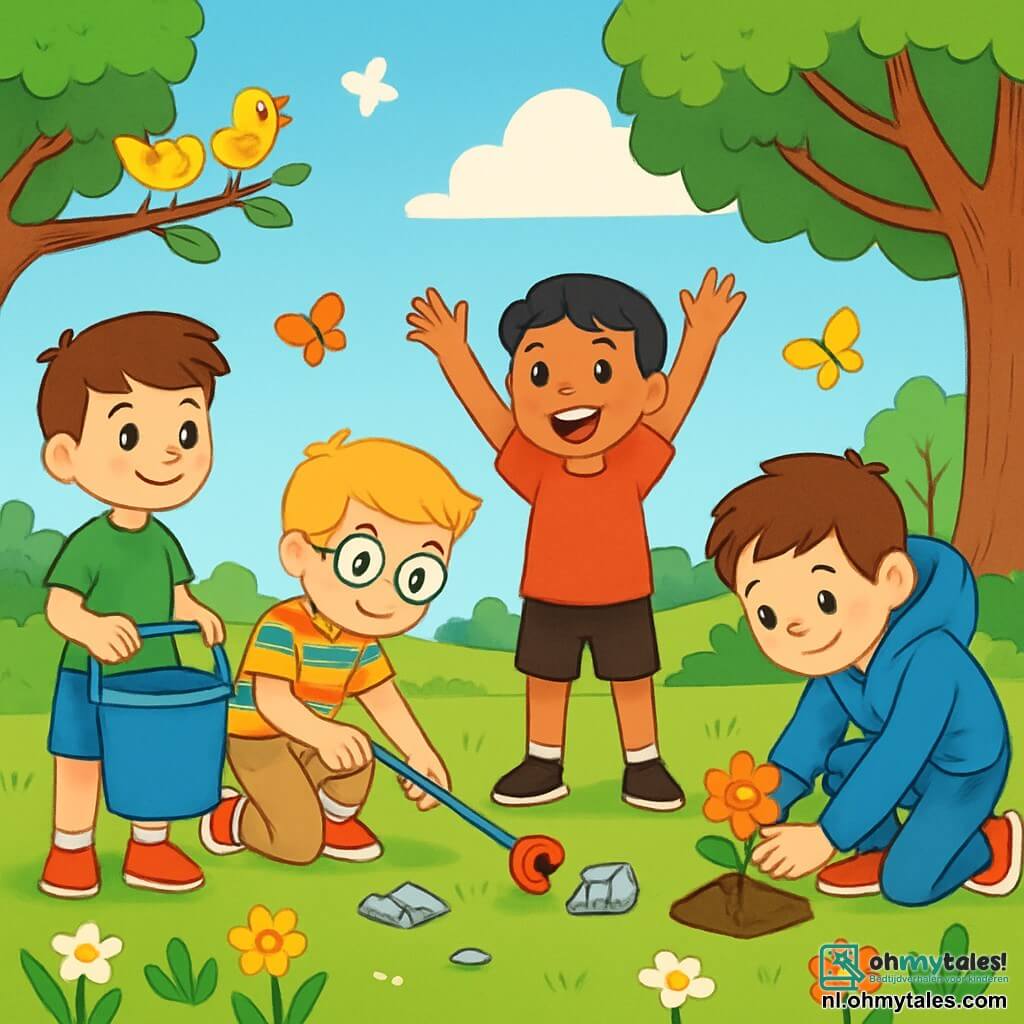 Er zijn 4 kinderen: Tom, een 7-jarig meisje met kastanjebruin haar en sprankelende ogen, draagt een groene t-shirt en een blauwe short en houdt een emmer water vast terwijl hij naar zijn vrienden lacht. Sam, een 7-jarige jongen met blond haar en een bril, is in een kleurrijk gestreepte shirt en een beige broek gekleed en bukt om afval op te rapen met een tang. Joris, een 7-jarige jongen met zwart haar en een grote glimlach, staat met opgestoken armen in een rode t-shirt en een zwarte short, enthousiast zijn vrienden aanmoedigend. Max, een 7-jarige jongen met bruin haar en sproeten, draagt een blauwe hoodie en een spijkerbroek en plant een kleine bloem in de grond met een vastberaden uitdrukking. De locatie is een groen park vol kleurrijke bloemen en majestueuze bomen, met een stralende blauwe lucht en enkele donzige witte wolken. Vogels zingen in de takken en vlinders fladderen rond de kinderen, wat een vleugje magie aan de scène toevoegt. De kinderen zijn bezig met het schoonmaken van het park, afval oprapen en bloemen planten, terwijl ze samen, glimlachend en vol energie, vastberaden zijn om de natuur mooier te maken en hun omgeving te beschermen.
