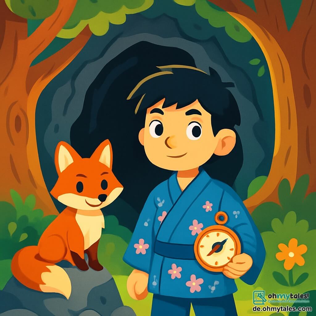 Hiroshi, ein junger Mann von etwa 20 Jahren, steht mutig vor der majestätischen Drachenhöhle. Er hat schwarze Haare, funkelnde Augen voller Entschlossenheit und trägt einen traditionellen blauen Kimono mit Kirschblütenmotiven. Sein Gesicht drückt eine Mischung aus Neugier und Tapferkeit aus, während er einen alten Kompass in seiner rechten Hand hält. Neben ihm beobachtet ein listiger, lebhafter Fuchs aufmerksam die Szene. Der Fuchs hat ein strahlend orangefarbenes Fell und leuchtende Augen und steht auf einem Felsen, bereit, Hiroshi auf seiner Suche zu führen. Die Szene spielt sich am Eingang einer dunklen und geheimnisvollen Höhle ab, umgeben von riesigen, knorrigen Bäumen und leuchtenden Blumen, die den Boden erhellen. Sonnenstrahlen filtern durch das Laub und schaffen eine magische, verzauberte Atmosphäre. Hiroshi bereitet sich darauf vor, die Höhle zu betreten, um den Drachen zu treffen, entschlossen, seinen Wert zu beweisen und das kostbare Amulett zu erlangen. Die Luft ist von einer spürbaren Spannung durchzogen, gemischt mit der Aufregung eines neuen Abenteuers.