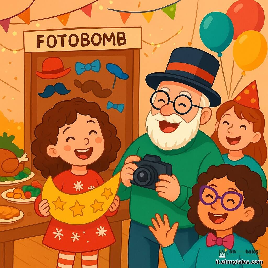 Una bambina di 6 anni, Emma, con capelli castani ricci e occhi brillanti di gioia, sorride ampiamente mentre tiene una grande cornice decorata con stelle dorate. Indossa un vestito rosso vivo con motivi di fiocchi di neve e collant a righe. Accanto a lei, il nonno, un uomo anziano con barba bianca e occhiali rotondi, ride indossando occhiali da clown e un cappello a cilindro colorato, tenendo una macchina fotografica pronta a catturare il momento. La scena si svolge in un soggiorno caldo, decorato con ghirlande scintillanti e palloncini multicolori, con un grande tavolo pieno di cibi festivi. Al centro dell'immagine, Emma e il nonno sono circondati dalla famiglia, tutti mentre posano gioiosamente davanti a un photobooth fatto in casa, pieni di accessori divertenti, pronti a immortalare questo momento di festa e felicità.