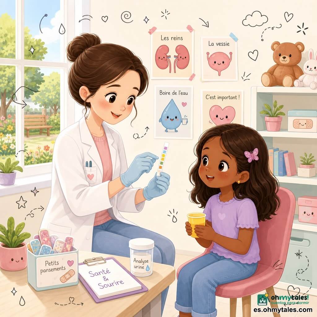 Mujer médico de unos 30 años, cabello castaño recogido en moño, rostro dulce y sonriente, sostiene entre sus dedos enguantados una tira reactiva de colores; niña Valeria de ~7 años, cabello castaño medio con una pinza de mariposa, expresión aliviada y curiosa, sentada en una silla acolchada con un pequeño vasito amarillo mirando la tira; clínica escolar con paredes claras y pósters kawaii de órganos, estantes con peluches y cajas de vendas decoradas, gran ventana con luz suave y vista a un jardín escolar; la médica muestra la tira urinaria cuyos cuadritos se tiñen de verdes, amarillos y azules, ambos tranquilos, composición centrada, paleta pastel cálida, texturas suaves, trazos redondeados y pequeños doodles (gotas, corazones, estrellas) alrededor.
