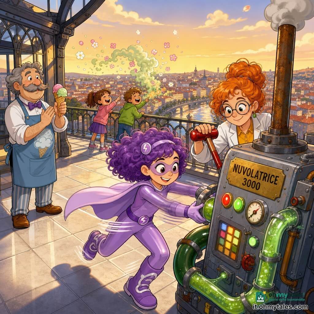 La protagonista è una supereroina, LampoLilla: donna gioiosa e determinata, capelli viola ricci, tuta lavanda lucida e mantello leggero, corre riparando tubi attorno alla grande macchina “Nuvolatrice 3000” (scatola metallica con tubi verdi bollenti, pulsanti lampeggianti e una lunga asta arrugginita che fuma); Ginger, scienziata adulta coi capelli arancioni, occhiali tondi e lentiggini, appare concentrata mentre tira una grande leva rossa; il signor Frizzo, gelataio baffuto di circa 50 anni coi capelli grigi, applaude dalla terrazza tenendo un cono; due bambini di 6–7 anni ridono e indicano una nube verde che si dissolve in petali di zucchero; ambientazione su una terrazza panoramica di vetro e metallo con pavimento in lastre bianche e vista su una città colorata dai tetti rossi e un fiume argentato; stile colori vivaci, contorni netti, espressioni amichevoli ed esagerate, luce dorata del crepuscolo e atmosfera gioiosa e leggermente magica.
