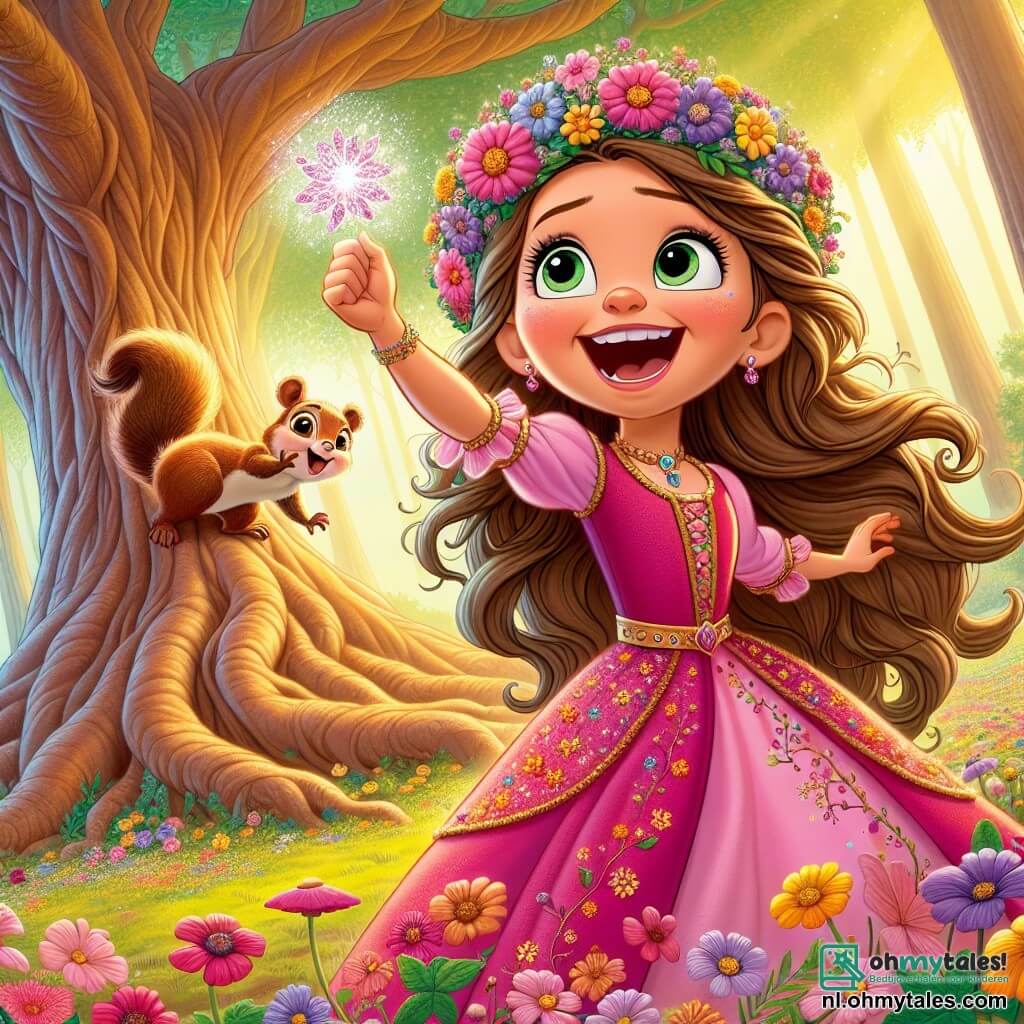 Prinses Lila, een meisje van ongeveer 10 jaar, heeft lang golvend lichtbruin haar, versierd met een kroon van kleurrijke bloemen. Ze draagt een stralende roze jurk met bloemenpatronen, en haar gezicht straalt vastberadenheid en opkomende vreugde uit terwijl ze een prachtig glinsterend bloemblaadje in haar hand omhoog houdt. Naast haar moedigt een ondeugend eekhoorntje met een bruine vacht en een pluizige staart haar aan door op een lage tak te springen, met sprankelende ogen vol ondeugd. Verderop staat de grote majestueuze Wijze Boom met een brede stam en gouden bladeren die in de zon glinsteren, terwijl zijn wortels om Lila heen kronkelen, alsof ze haar aanmoedigen in haar zoektocht. De scène speelt zich af in het Betoverde Bos, een betoverende plek vol reusachtige bomen met kromme stammen, kleurrijke bloemen die dansen in de wind, en zonnestralen die door het loof filteren, wat een magische en warme sfeer creëert. De hoofdsetting toont prinses Lila, vol energie en moed, klaar om de uitdaging aan te gaan om de vreugde voor haar koninkrijk terug te vinden, omringd door de schoonheid van de natuur en de aanmoediging van haar vriend het eekhoorntje.