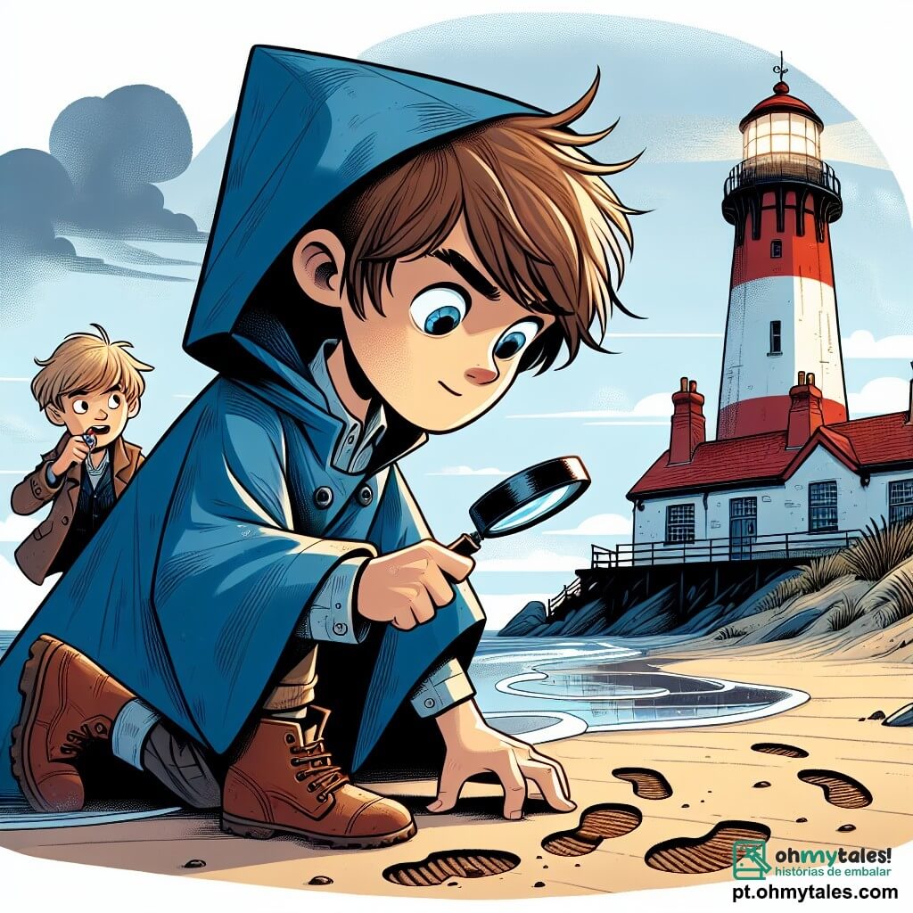 Um menino de 9 anos, Miguel, com cabelos castanhos bagunçados e olhos brilhantes de curiosidade, está agachado no chão, examinando pegadas na lama com uma lupa. Ele usa uma capa de chuva azul que flutua levemente ao seu redor, e seu rosto expressa intensa concentração. Ao seu lado, Inácio, um garoto de 10 anos com cabelos loiros e um sorriso travesso, segura um doce na mão, olhando para Miguel com admiração. Ao fundo, o velho farol, pintado de branco e vermelho, ergue-se majestoso contra um céu nublado, com suas luzes apagadas. A cena ocorre em uma praia de areia fina, onde ondas quebram suavemente, criando uma atmosfera misteriosa. Miguel, em plena investigação, busca resolver o mistério da luz apagada do farol, cercado por uma atmosfera de aventura e suspense.