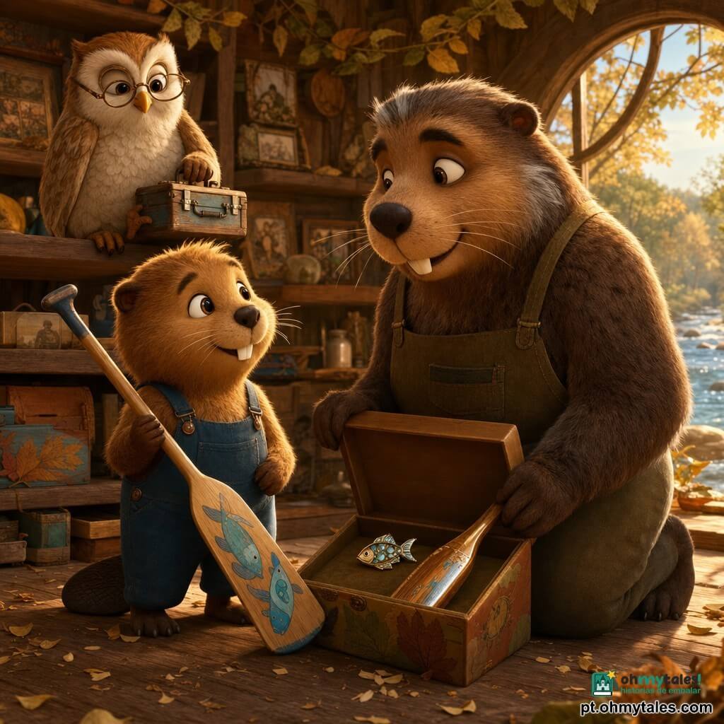 Personagem principal: um jovem castor com olhos redondos e brilhantes, pelo castanho-dourado, bigodes curtos, expressão orgulhosa e um pouco nervosa, segurando delicadamente um remo antigo reparado pintado com peixinhos azuis; personagens secundários: o papai castor, grande e arredondado, pelo mais escuro com algumas mechas grisalhas, sorriso caloroso e olhos ternos, ajoelhado diante do filho abrindo uma caixa surpresa entre eles, e a coruja sábia Dona Celeste, de penas creme e óculos redondos, empoleirada numa prateleira atrás, olhar benevolente e segurando uma pequena caixa de ferramentas; local: oficina iluminada junto a um ribeiro, chão de madeira com aparas, prateleiras com fotos amareladas, caixas decoradas, guirlandas de folhas e luz dourada entrando por uma janela com vista para o rio; situação: momento terno e sincero — a criança entrega ao pai o kit presente e a foto restaurada; a caixa aberta revela o remo brilhante e um broche em forma de peixe; atmosfera calorosa, cores quentes, detalhes texturizados e composição centrada na troca pai‑filho.
