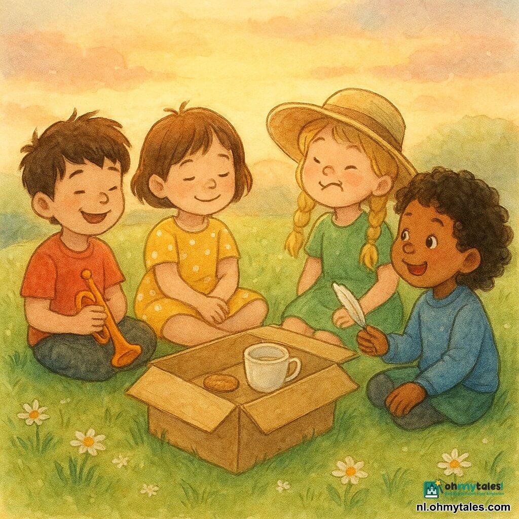 Lana (4) glimlacht rustig, kastanjebruin kort haar, gele jurk met stippen; Bram (4) lacht zacht, warrig bruin haar, rood T‑shirt, houdt een klein plastic trompetje; Muisje (4) blond met vlechten, groene rok, draagt een te grote hoed en trekt een grappig gezicht; Noor (4) krullend zwart haar, blauwe trui, houdt een veer en wijst die naar het midden; ze zitten in kleermakerszit in een kring op een klein grasheuveltje bij zonsondergang tussen madeliefjes, in het midden een open kartonnen doos met een kopje water en een koekje — zachte gedeelde pauze met ingehouden gelach en warm avondlicht op de gezichten