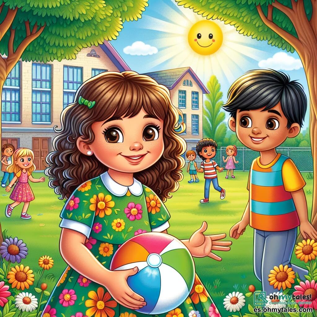 Lucía, una niña de 9 años, tiene el cabello rizado y castaño, ojos llenos de curiosidad y una gran sonrisa en su rostro. Lleva un vestido colorido con estampados florales y sostiene una pelota en sus manos, lista para jugar. Amir, un niño de 10 años, tiene la piel oliva, cabello negro y ojos oscuros; sonríe tímidamente mientras sostiene una pelota también, al lado de Lucía, en una postura amistosa. El escenario se desarrolla en el patio de una escuela soleada, rodeada de grandes árboles verdes y flores coloridas, con niños jugando al fondo. La escena principal muestra a Lucía y Amir jugando juntos, simbolizando la amistad y la tolerancia, mientras otros niños los miran con curiosidad y comienzan a unirse, creando una atmósfera alegre y acogedora.