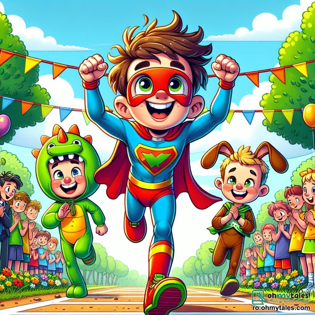 Un băiat de 10 ani, Andrei, cu părul castaniu și un zâmbet mare pe față, poartă un costum colorat de supererou cu o pelerină roșie care flutură în spate. Aleargă cu entuziasm, cu brațele ridicate, arătându-și determinarea și bucuria. Lângă el, prietenii săi: un băiat de 10 ani îmbrăcat în dinozaur verde, care râde încercând să-l ajungă, și o fetiță de 9 ani, îmbrăcată în iepure cu urechi mari, care aplaudă încurajându-l. Scena se desfășoară într-un parc însorit, plin de flori colorate și copaci verzi, cu o linie de start marcată de baloane și spectatori veseli care râd și aplaudă. Situația principală arată cum Andrei și prietenii săi participă la un concurs de alergare costumate, distrându-se cu mișcări comice în timp ce aleargă, creând o atmosferă festivă și plină de râsete.