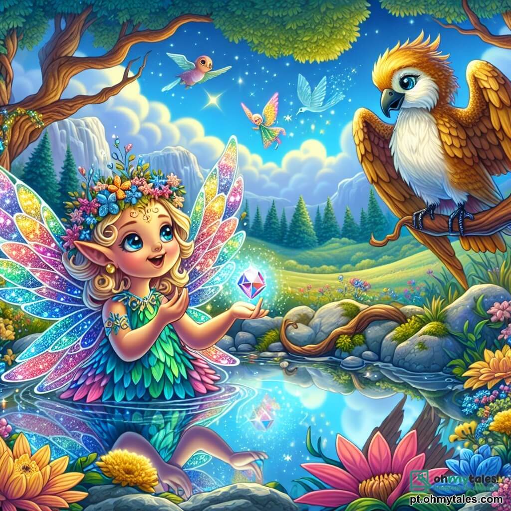 Lumina, uma criatura mágica com asas cintilantes e multicoloridas, flutua alegremente sobre um lago pacífico, seu rosto radiante de curiosidade e deslumbramento. Seus olhos brilham como estrelas, e ela segura em suas mãos uma pedra cintilante que reflete as cores do arco-íris. Perto dali, um sábio pássaro de penas douradas, empoleirado em um galho, observa Lumina com um sorriso benevolente. Seus olhos sábios expressam serenidade, e ele parece pronto para compartilhar sua sabedoria. O cenário é um vale encantado, onde flores coloridas dançam ao vento e árvores majestosas com troncos retorcidos murmuram segredos antigos. O céu é de um azul radiante, salpicado de nuvens fofas. A cena principal mostra Lumina contemplando seu reflexo no lago, percebendo a importância da verdade e da autenticidade, enquanto o sábio pássaro a encoraja a explorar as profundezas de seu coração.