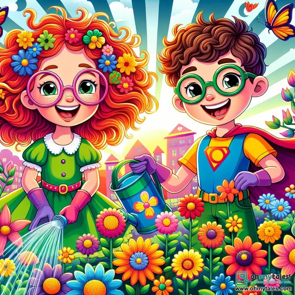 An 8-year-old girl named Lily, with bright red hair blowing in the wind, wears large colorful glasses. She has a beaming smile of excitement as she waters flowers in her garden, surrounded by vivid colors and vibrant blooms. Next to her is Max, an 8-year-old boy with curly brown hair and a wide smile, holding a colorful sign with a superhero drawing made of flowers. They are both at the center of a lush garden, filled with multicolored flowers, fluttering butterflies, and sunlight illuminating the scene. The main focus shows Lily and Max working together to save their garden, with watering cans and gardening tools, while laughing and sharing ideas about environmental protection.