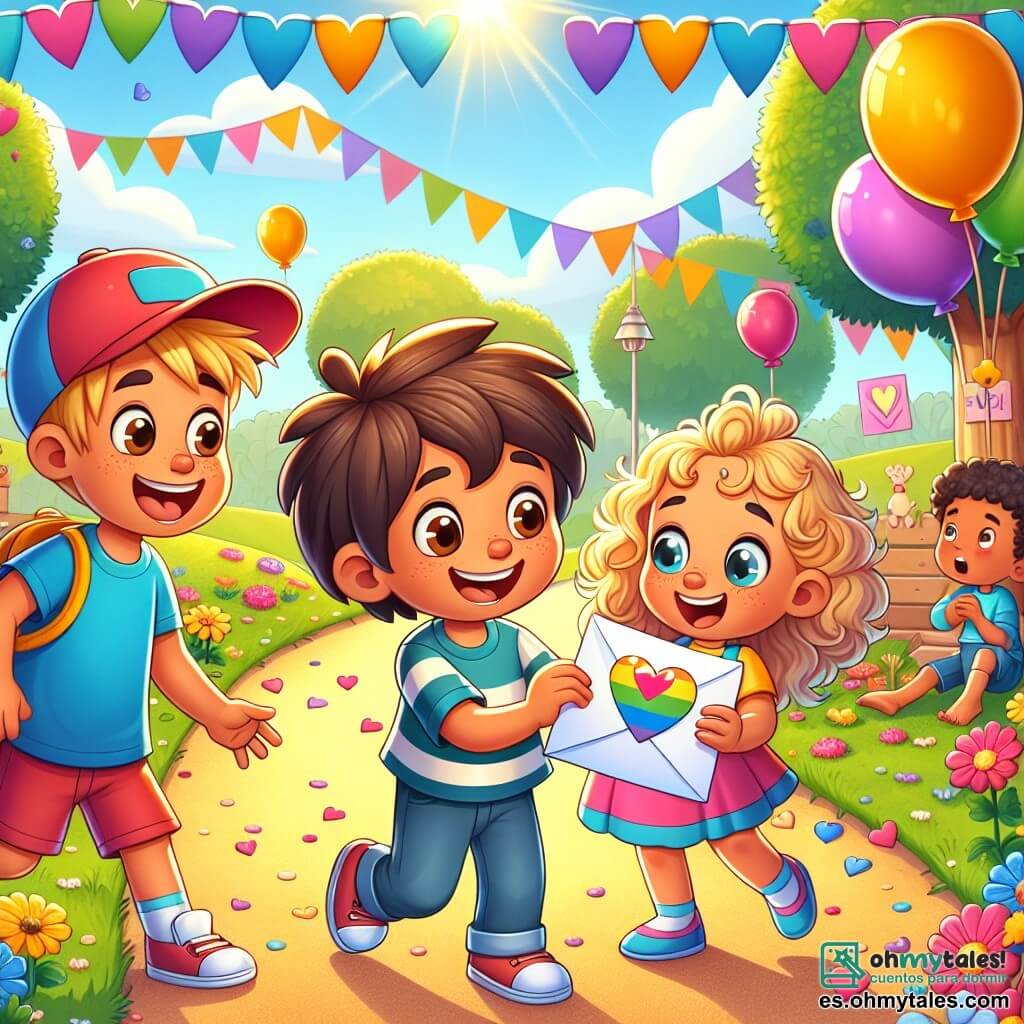 En un parque soleado, Lucas, un niño de seis años con cabello castaño y una gran sonrisa, sostiene una carta colorida en forma de corazón en sus manos. A su lado, Ana, una niña de seis años con cabello rubio y rizado, mira la carta con ojos brillantes de emoción. Un poco más allá, Pablo, un niño de seis años con una gorra roja y una camiseta azul, se acerca con curiosidad, listo para descubrir el secreto de la carta. El parque está decorado con globos de colores y corazones de papel colgados en los árboles, creando una atmósfera festiva y alegre. Los niños juegan alrededor, riendo y divirtiéndose, mientras flores multicolores bordean los caminos. La escena principal muestra a Lucas entregando la carta a Pablo, mientras Ana sonríe, ansiosa por ver la reacción de su amigo. La expresión de sorpresa y felicidad en el rostro de Pablo ilumina la escena, simbolizando la amistad y el amor que los rodea.