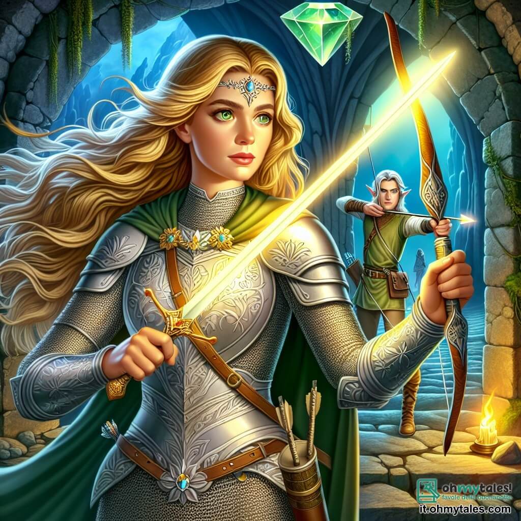 La scena rappresenta una coraggiosa cavaliere, Lady Elara, una donna di circa trent'anni, con lunghi capelli dorati che fluttuano nel vento. Indossa un'armatura scintillante decorata con motivi floreali, il suo viso esprime determinazione e speranza. Brandisce una spada brillante, pronta a difendere il suo regno. Accanto a lei c'è Lirion, un giovane elfo di 20 anni, con capelli argentati e occhi verdi brillanti. Sta tirando una freccia dal suo arco, concentrato e vigile, leggermente in ritardo rispetto a Lady Elara, pronto a sostenerla. Lo sfondo è quello di una caverna antica al centro di un labirinto di pietra, illuminata da una strana luce verde che emana da un cristallo sospeso al soffitto. Le pareti della caverna sono coperte di muschio e liane, creando un'atmosfera mistica e incantevole. La situazione principale mostra Lady Elara e Lirion che si preparano ad affrontare un'ombra minacciosa che si muove attorno al cristallo, simboleggiando il male che devono sconfiggere per salvare il loro regno.