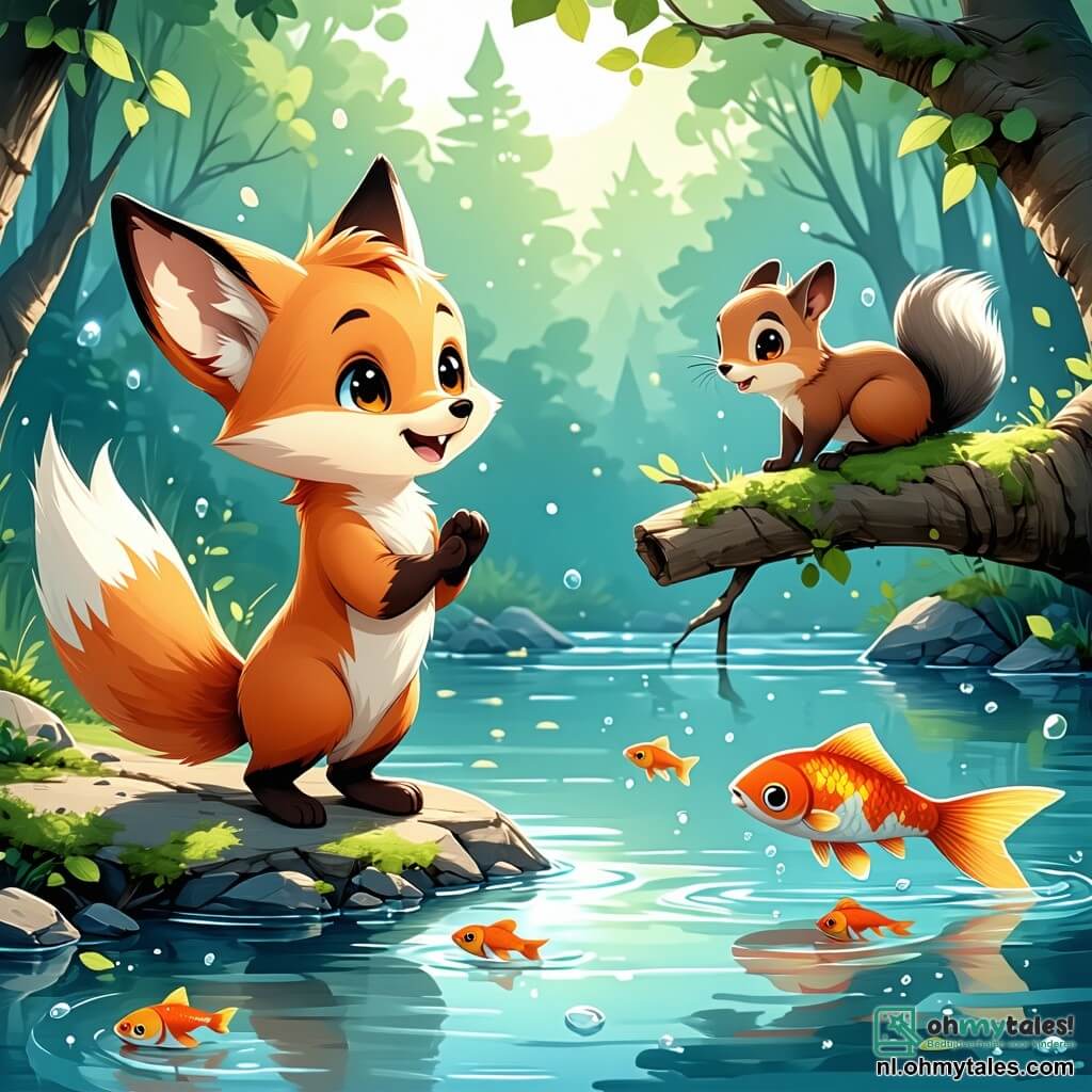 Felix, de kleine oranje vos met een glanzende vacht en nieuwsgierige ogen, staat vrolijk aan de rand van een rivier met zijn pootjes in het water, terwijl hij naar de zwemmende vissen kijkt. Hij heeft een grote glimlach op zijn gezicht, wat zijn enthousiasme voor de natuur toont. Naast hem klimt Luna, het eekhoorntje met grote oren en een pluizige staart, op een tak, met verwonderde ogen en een kleine zaailing die ze net heeft geplant. Ze is vol energie en lijkt ongeduldig te wachten op de groei van de boom. Op de achtergrond is het landschap gevuld met grote groene bomen, kleurrijke bloemen en een stralende blauwe lucht, met zonnestralen die door de bladeren schijnen. De rivier glinstert in het licht en vogels zingen vrolijk in de takken. De scène toont Felix en Luna die samenwerken om bomen te planten en de rivier schoon te maken, wat hun inzet symboliseert om hun omgeving te beschermen tegen klimaatverandering.