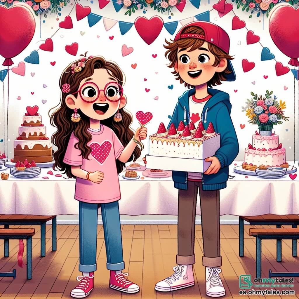 Una niña de 10 años, Camila, con cabello largo castaño y gafas redondas, sonríe alegremente sosteniendo una caja de pasteles decorada con corazones. Lleva una camiseta rosa con un diseño de corazón y jeans azules. A su lado, un niño de 10 años, Lucas, con cabello castaño y una gorra roja, observa maravillado los pasteles que han preparado juntos. Él viste un sudadera azul y zapatillas blancas. El decorado está en la cafetería de la escuela, adornada con guirnaldas de corazones de papel y globos rojos flotantes. Las mesas están cubiertas con manteles blancos y pequeños ramos de flores coloridas. La escena muestra a Camila y Lucas, rodeados de sus amigos, compartiendo pasteles en forma de corazón, con sonrisas radiantes en sus rostros, celebrando la amistad y la alegría del Día de San Valentín.