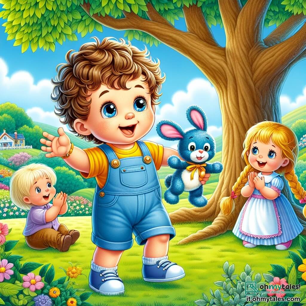 Un bambino di un anno, con capelli ricci e occhi curiosi, si trova sotto un grande albero, con un ampio sorriso sul volto. Indossa una salopette blu e una maglietta gialla, tenendo saldamente il suo giocattolo, un coniglietto blu. Accanto a lui, un orsetto di peluche di nome Pippo, che sembra avere circa 2 anni, è seduto sull'erba verde, con uno sguardo gioioso e le braccia aperte, pronto a festeggiare la vittoria della loro avventura. Più in là, una bella bambola di nome Lilli, di circa 3 anni, con lunghi capelli biondi intrecciati e un vestito rosa, applaude con entusiasmo, i suoi occhi brillanti di eccitazione. Il luogo è un giardino soleggiato, pieno di fiori colorati e un cielo blu splendente. La scena principale mostra il piccolo Leo, trionfante dopo aver ritrovato il suo coniglietto blu, circondato dai suoi amici Pippo e Lilli, celebrando insieme la loro avventura e amicizia sotto il grande albero.