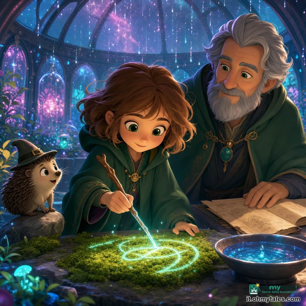 Lila, apprendista strega di 7 anni, occhi brillanti e sorriso timido, capelli castano chiaro scompigliati, in mantello verde smeraldo traccia con una bacchetta di quercia una runa luminosa sopra un piccolo tappeto di muschio; dietro di lei Miro, veggente di circa 60 anni con barba corta brizzolata e sguardo saggio, la osserva con mano su una pergamena antica; un riccio con un minuscolo cappello sta su una roccia a sinistra, curioso; la scena si svolge in una cupola di vetro piena di piante fosforescenti, pareti specchiate, tavolo di pietra coperto di muschio e una ciotola d’acqua che luccica, luci rosa-turchesi filtrano l’aria; la runa emette una luce tenue e iniziano a cadere sottili gocce di pioggia luminosa, atmosfera magica, tenera e serena, palette pastello vivide e contrasti netti in stile cel-shading.