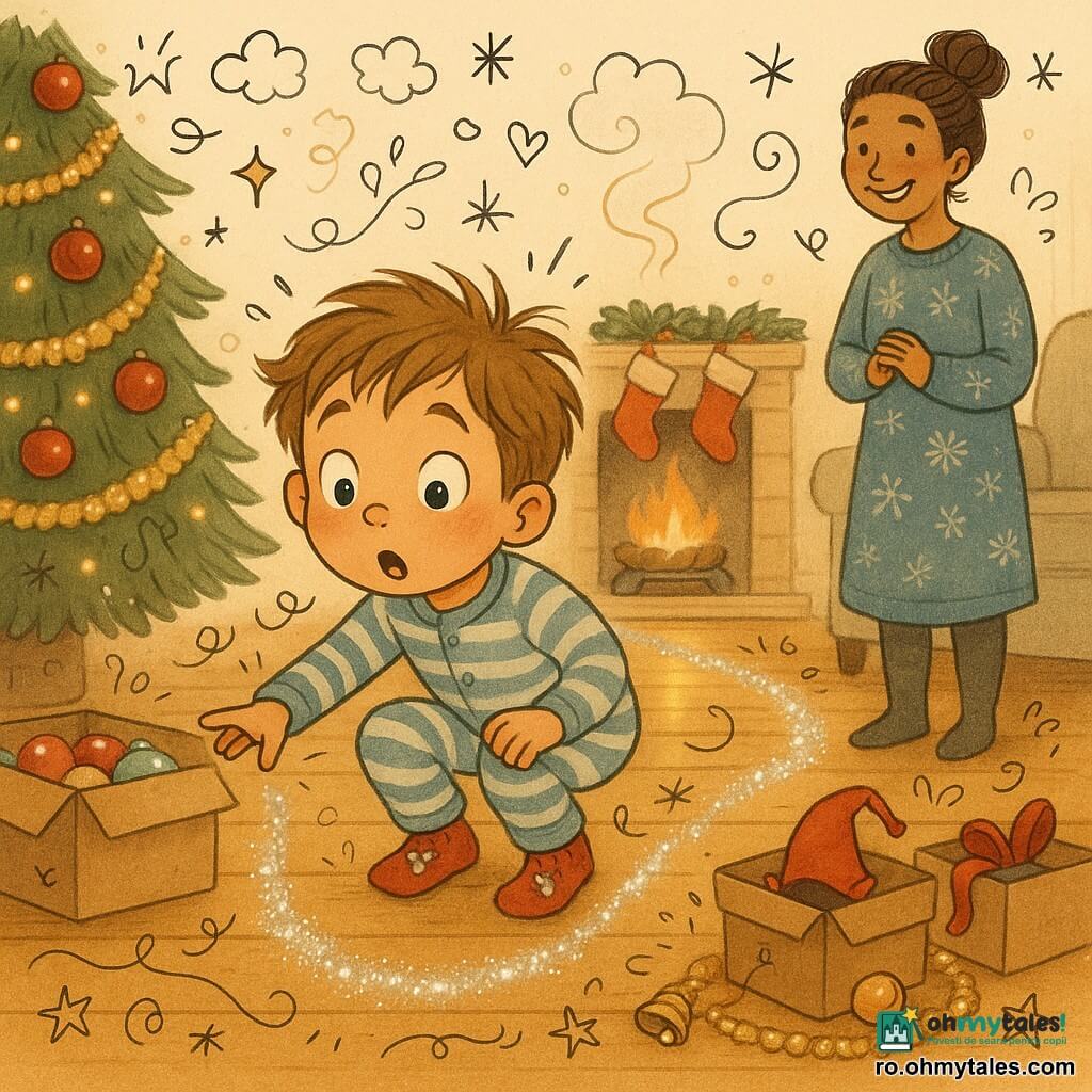 Băiat de 4 ani, uimit și curios, cu părul șaten despletit, în pijama cu dungi și șosete roșii cu reni, se apleacă urmând o dâră de sclipici argintiu pe podea; mama (≈30–35 ani), zâmbitoare, părul prins în coc, în rochie confortabilă cu fulgi, stă lângă canapea, râzând încet și privind băiatul; un spiriduș jucăuș, invizibil, e sugerat doar printr-o mini-caguliță roșie care se pierde într-o cutie cu panglici, lăsând scântei și o mini-clopoțelă aurie pe o ghirlandă; livingul e cald, parchet lucios, brad mare decorat cu globuri roșii și ghirlande aurii, șemineu cu șosete atârnate și un mic nor de scorțișoară ilustrat; scenă apropiată, culori calde, lumini sclipitoare și texturi de lână și lemn.