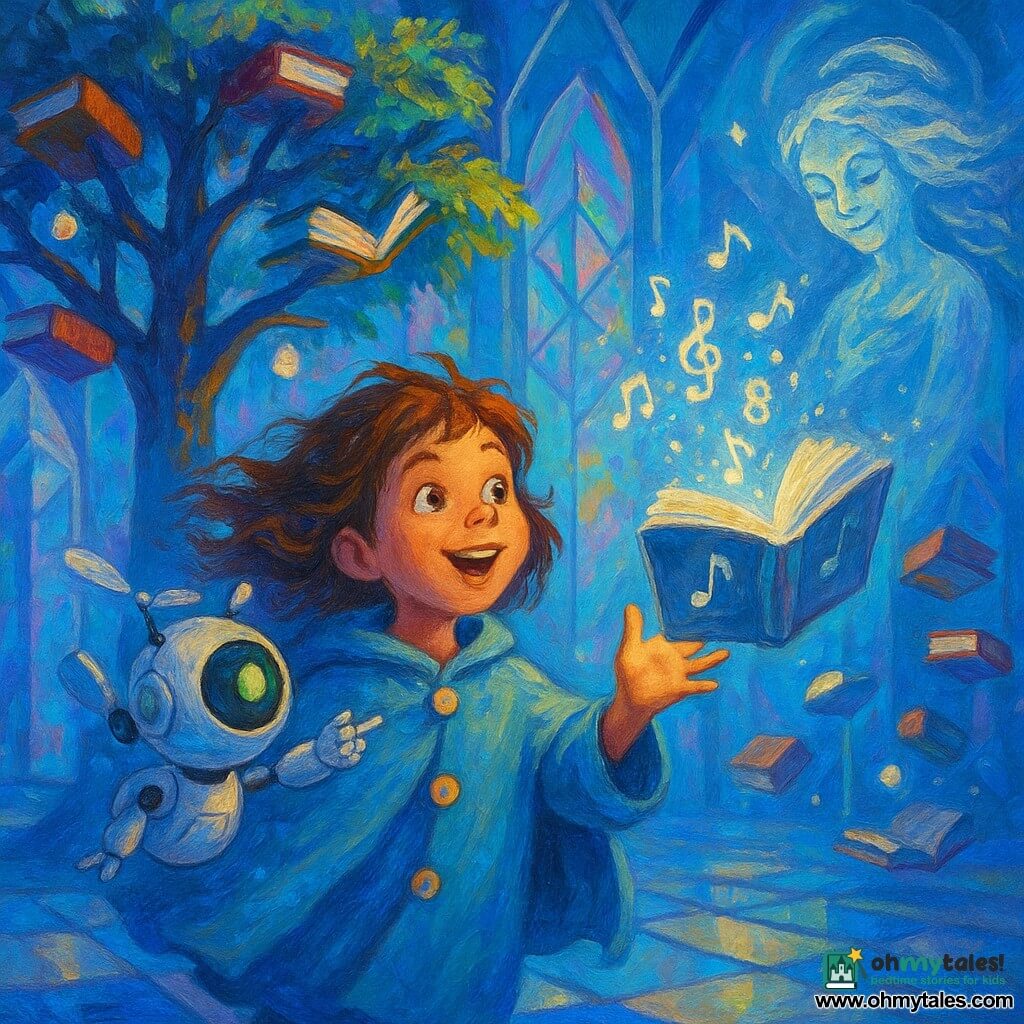 An 8-year-old girl, Lyra, delighted and smiling with wavy brown hair blown by the wind and wearing a pale-blue cape with moon-shaped buttons, reaches for a floating silver book that opens to release glowing notes and numbers; to her right floats Pip, a cat-sized white metal robot with a glowing green eye and small propellers at shoulder height, pointing toward the books; behind a central book-tree stands a translucent, ageless humanoid figure of wind and shimmering light smiling gently; the scene is a crystalline library with prismatic glass walls, a central tree whose branches bear books like leaves, floating books and light orbs, and a floor of floating tiles, evoking a magical yet scientific atmosphere in vivid blue, violet and silver tones with visible acrylic-like textures, soft light and bright contrasts.
