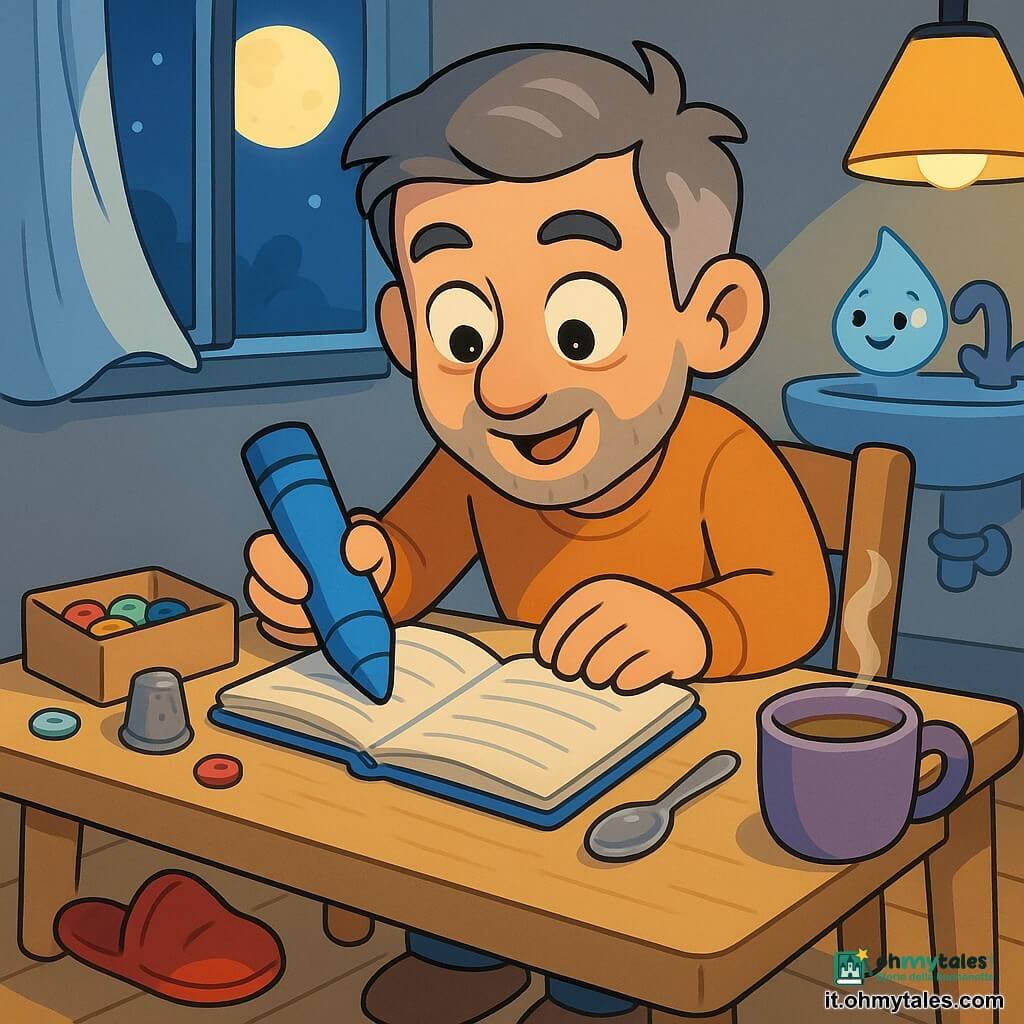 Un uomo di mezza età, Nino, capelli sale e pepe, piccola barba, occhi rotondi e brillanti e sorriso curioso, è seduto a un piccolo tavolo di legno chino su un taccuino aperto con una grossa matita blu, concentrato e meravigliato; una pantofola rosso vivo è caduta a sinistra della sedia, piegata e un po' stropicciata come se fosse "scappata", una goccia d'acqua sorridente rimbalza sul bordo del lavabo sul fondo, piccola e trasparente illuminata dalla luna. La stanza è una casa accogliente con pavimento in legno chiaro, tavolo coperto di fogli bianchi, scatola di bottoni colorati aperta, molla metallica lucida, cucchiaio d'argento, una tazza fumante di tisana vicino al taccuino e una finestra con grande luna rotonda e una tenda bianca che trema al vento; Nino inventa tranquillo una nuova idea circondato da oggetti sparsi, con luce soffusa di luna e una lampada gialla calda, atmosfera cosy e magica, gesti calmi e creativi.