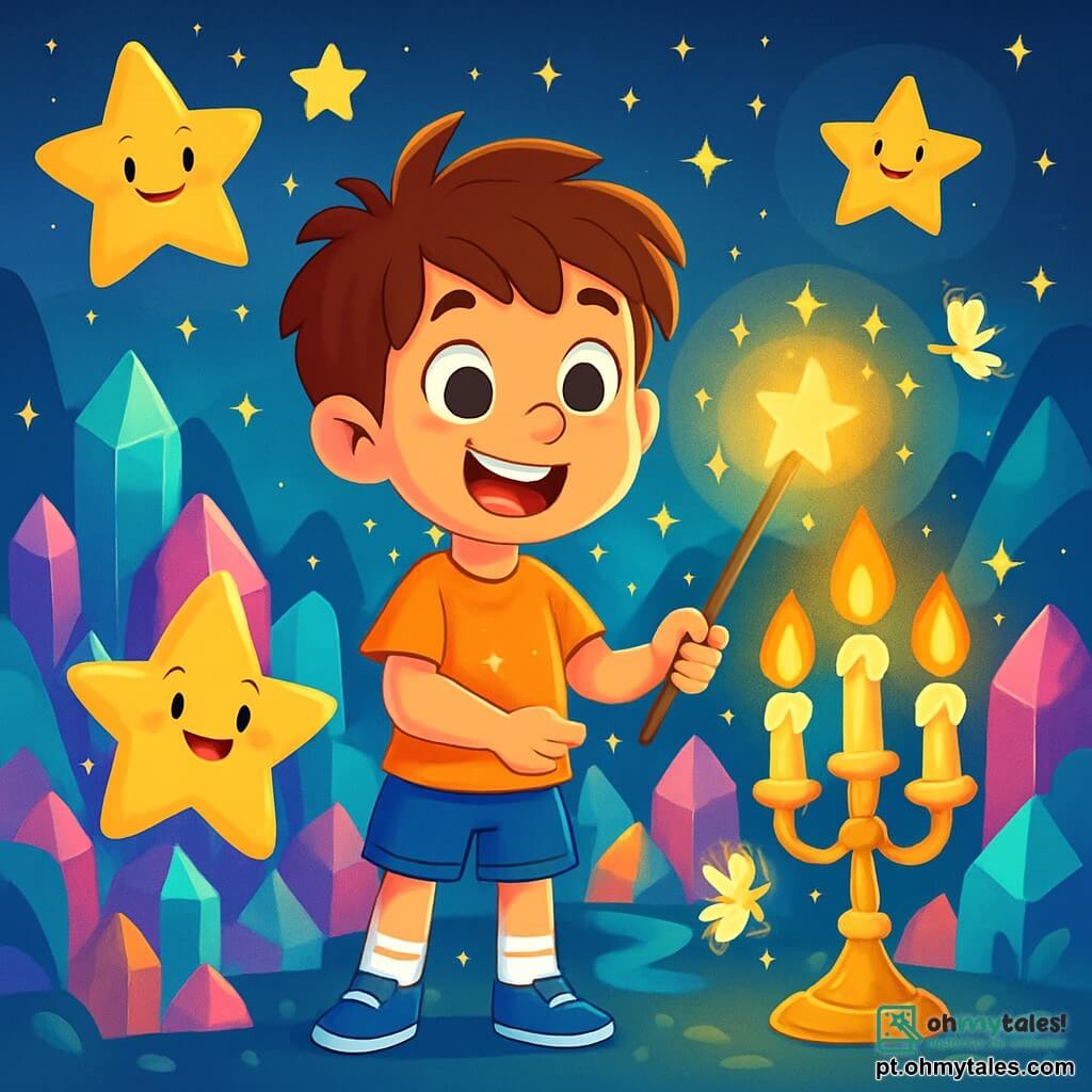 Um menino chamado Léo, com cerca de 8 anos, cabelos castanhos bagunçados e olhos curiosos, está de pé no centro da imagem, segurando uma varinha mágica brilhante. Ele exibe um grande sorriso maravilhado, cercado por uma aura de luz cintilante. Ao seu lado, uma pequena estrela sorridente flutua no ar, iluminando a cena com sua suave luz dourada. Ao fundo, o Reino de Cristal se estende com montanhas brilhantes de cristais coloridos, rios de luz e um céu estrelado cheio de grandes estrelas sorridentes. Léo, com sua varinha, está acendendo o Grande Candelabro, que brilha intensamente, projetando cores vivas sobre os cristais ao redor, enquanto fadas luminosas dançam ao seu redor, criando uma atmosfera mágica e alegre.