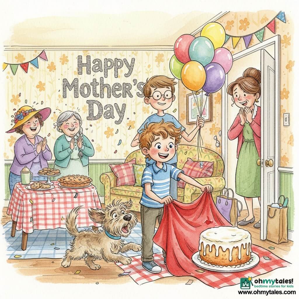 A radiant, excited 10-year-old boy, Oliver, with light brown curly hair and sparkling blue eyes, holds a corner of a red sheet ready to reveal the cake, standing in front of a sofa; behind it 10-year-old Leo, tall for his age with round glasses slipping down his nose, smiles nervously holding multicolored balloons; Mrs. Pumpernickel, about 35–40, stands in the doorway surprised and emotional with hands to her face and brown hair in a bun, groceries spilling at her side; a scruffy light-brown dog, Biscuit, wags and jumps around the boys; in the background Auntie May (~50, wearing a large colorful hat) and Miss Daisy (~60, gray-haired in a braid) laugh and applaud near a table of cookies and a pie; the bright, warm living room has floral wallpaper, bunting, a large glittery Happy Mother’s Day banner, checkered tablecloths and confetti; main moment: the red sheet is pulled back to reveal a slightly overcooked cake with thick icing, expressions of joy and wonder, vivid colors, ink contrasts and watercolor washes with visible paper texture and brushstrokes.