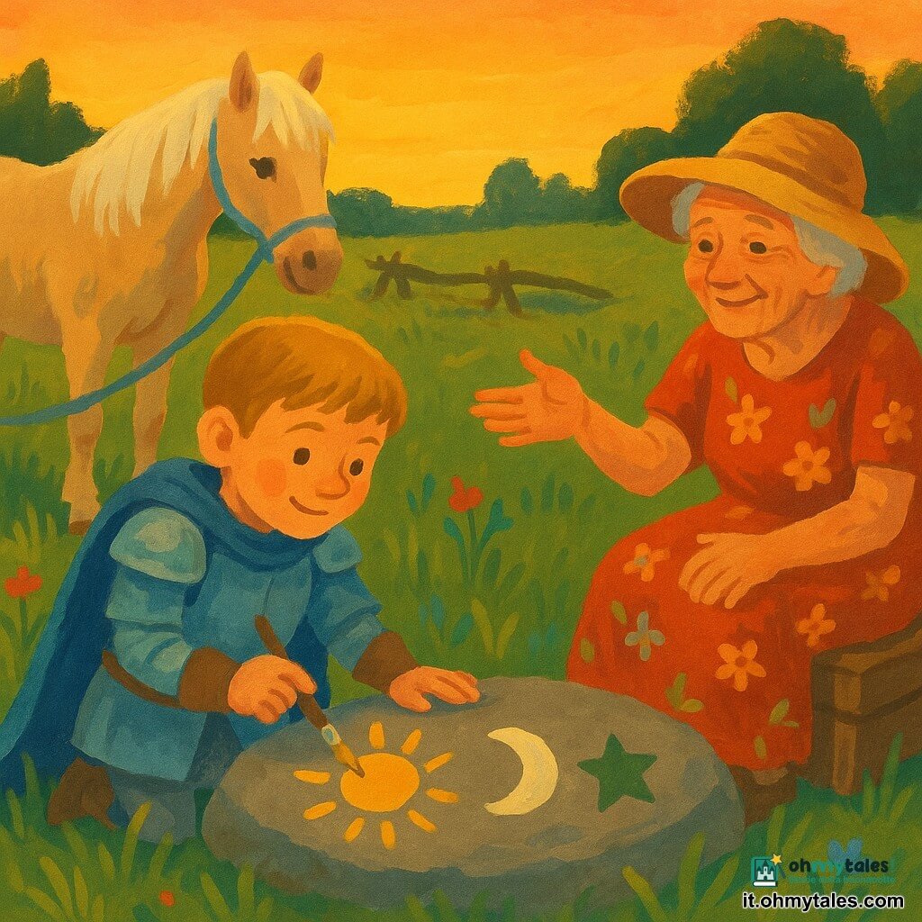 Un giovane cavaliere, Sir Lorenzo, sorridente e concentrato, volto rotondo e capelli castani corti, in armatura leggera blu con mantello, dipinge con un piccolo pennello su una grande pietra piatta un sole dorato, una luna bianca e una stella verde; accanto a lui una donna anziana (~70 anni) dal viso rugoso ma dolce, cappello di paglia e vestito a fiori, seduta su una cassa e che lo incoraggia con la mano; dietro, la giumenta Stella dal manto crema e criniera bianca è legata a un ceppo, testa abbassata e orecchie attente; il luogo è un grande prato verde al tramonto con erba alta, piccole fioriture rosse e blu, un ponte di legno rotto e alberi in lontananza; atmosfera calda e rassicurante, composizione centrata sul trio mentre il cavaliere dipinge il blasone al crepuscolo.