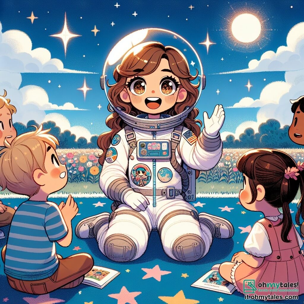 Un'astronauta donna, Stella, con capelli castani e occhi scintillanti, indossa una tuta spaziale bianca decorata con adesivi colorati. Sorride entusiasta, seduta su un grande tappeto blu che assomiglia a un cielo stellato, circondata da bambini. Un ragazzo di 7 anni, con capelli biondi e occhi sgranati, è seduto di fronte a lei, ascoltando con fascinazione. Accanto a lui, una ragazza di 6 anni, con due codini castani e un vestito rosa, alza la mano, impaziente di fare una domanda. Lo scenario è uno spazio esterno soleggiato, con nuvole morbide che fluttuano nel cielo blu e stelle scintillanti disegnate sul tappeto. La situazione principale mostra Stella che condivide le sue avventure spaziali con i bambini, raccontando come ha esplorato pianeti e fatto crescere piante nello spazio, mentre loro la ascoltano con meraviglia e curiosità.