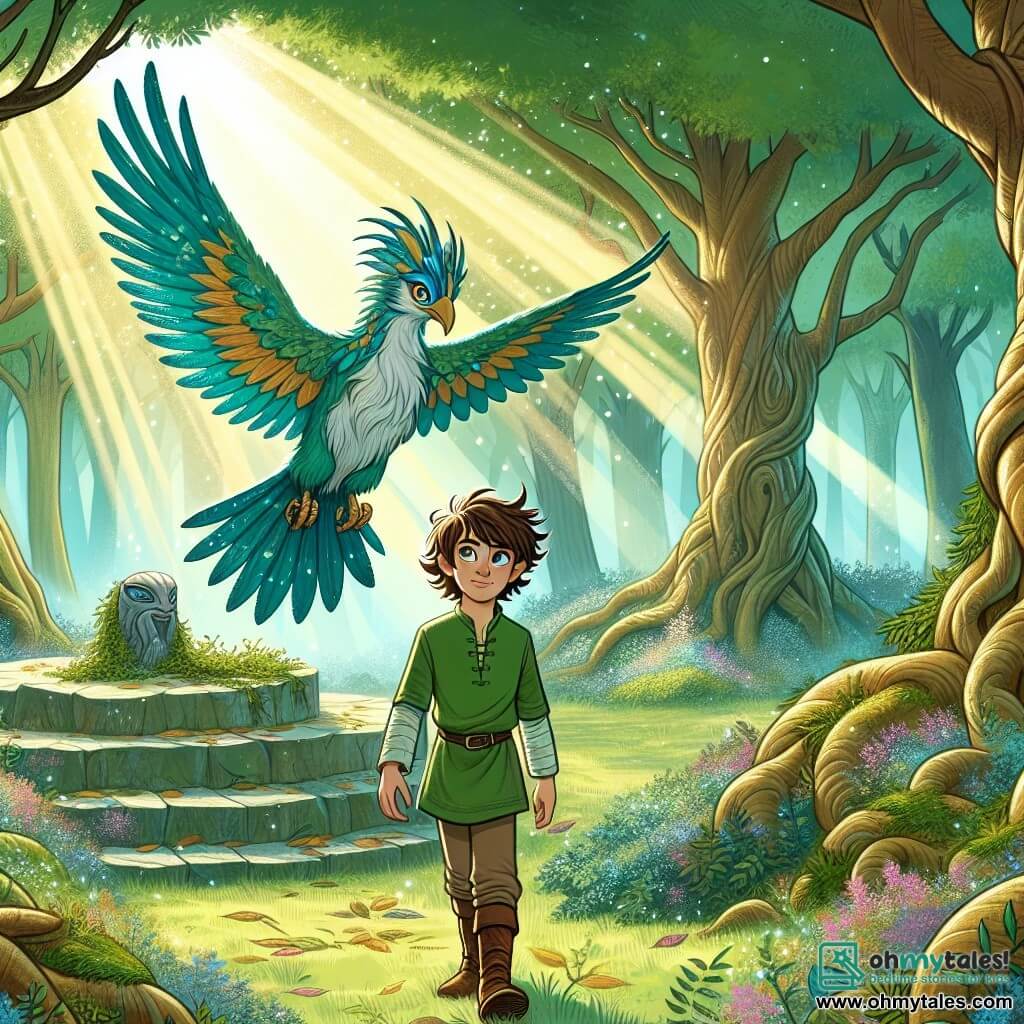 A young boy named Kai, around 12 years old, stands in the center of an enchanted clearing, his eyes shining with curiosity and wonder. He has messy brown hair, a green tunic blending with nature, and a determined smile on his face. Beside him is a majestic mythical bird, the Thunderbird, with vibrant blue and gold feathers, spreading its wings, ready to fly. The Thunderbird, with a wise and protective gaze, stands slightly elevated, dominating the scene. The clearing is surrounded by tall, gnarled trees, their leaves shimmering in the filtered sunlight, creating a play of shadows and light on the flower-covered ground. In the center, an ancient stone altar adorned with mystical symbols evokes an ancient magic. In this moment, Kai prepares to touch the Thunderbird, determination on his face, as a gentle breeze swirls around them, making the leaves and flowers dance. It's a moment of magical connection, where Kai's and the Thunderbird's destinies intertwine under the benevolent gaze of the trees.