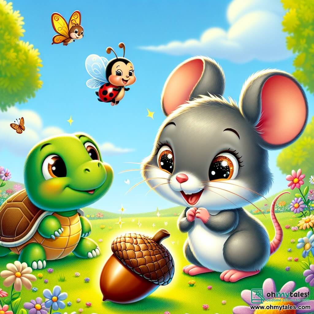 A little mouse named Mia, with soft gray fur and sparkling eyes full of curiosity and joy, stands in front of a shiny acorn in the garden. She smiles widely, her tiny front paws raised, ready to share her discovery. Next to her, Benny the rabbit, with big ears and brown fur, gazes at the acorn in wonder, his hind paws firmly planted in the green grass. Lila the ladybug, red with black spots, joyfully flies above them, while Timmy the turtle, with his green shell and gentle eyes, approaches slowly, curious. The garden is filled with colorful flowers, dancing butterflies, and a bright blue sky, creating a cheerful and sunny atmosphere. Mia and her friends gather around the sparkling acorn, ready to share laughter and stories, illustrating the spirit of friendship and sharing.