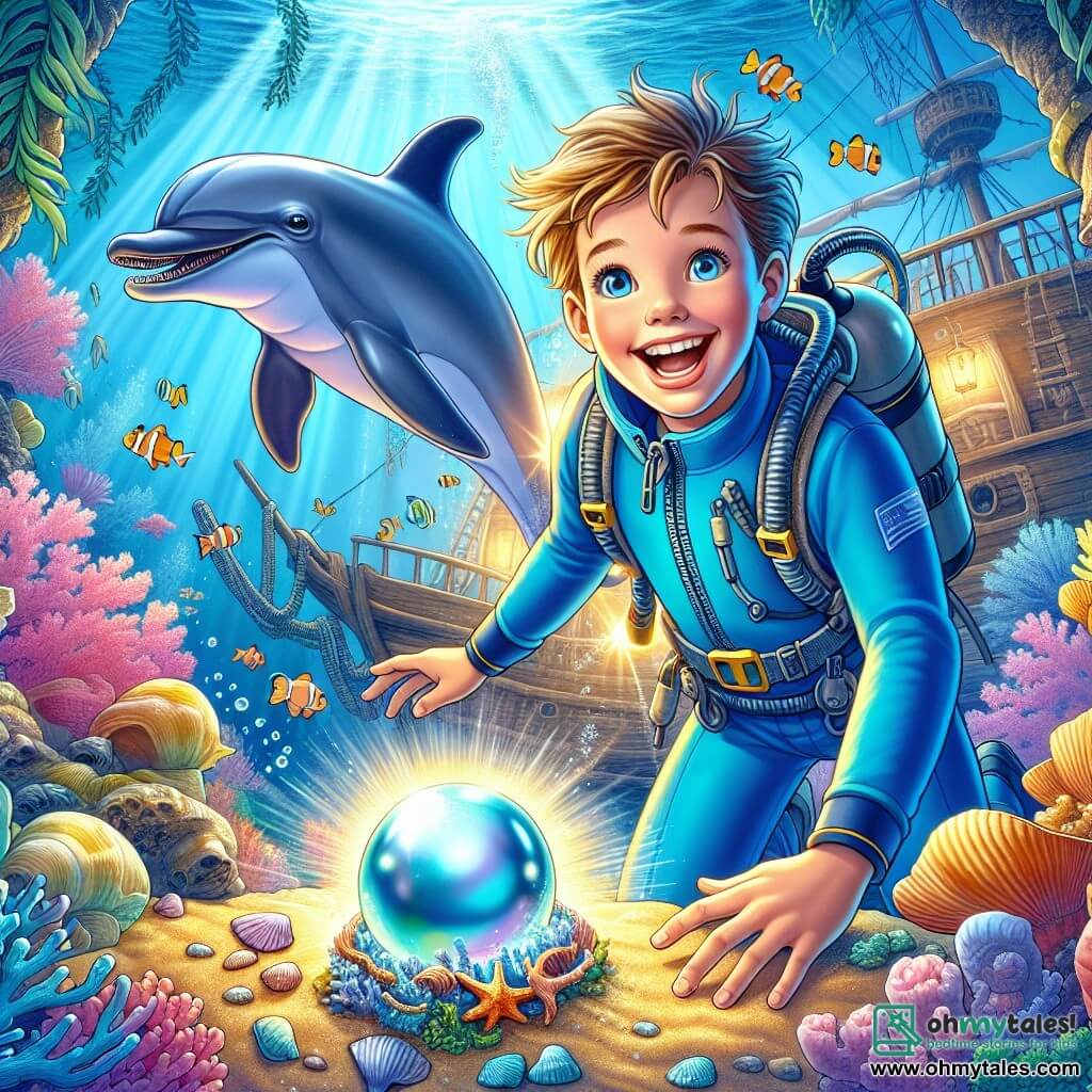 A 10-year-old boy named Max, smiling and full of enthusiasm, wears a shiny blue wetsuit. His eyes sparkle with curiosity and excitement as he explores the underwater depths. Beside him is a playful dolphin named Pico, with shiny grey skin and agile fins, swimming joyfully and seemingly encouraging Max on his adventure. The scene is an enchanting underwater world filled with colorful corals in vibrant shades of pink, orange, and purple, while multicolored fish swim around them. Sunlight filters through the water, illuminating an old shipwreck covered in seaweed and shells, along with a mysterious cave shimmering in the distance. The main focus shows Max and Pico approaching a hidden treasure, a glowing pearl surrounded by golden sand and sparkling shells. With a determined look, Max reaches out for the pearl, ready to protect it from any dangers that may arise.