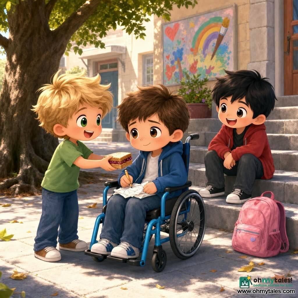 Three nine-year-old boys on school steps in soft morning light: a timid-smiling boy with short brown hair in a bright blue wheelchair at center holding a pencil and crumpled paper; a messy-blond boy in a green T‑shirt to his left offering a peanut butter and jelly sandwich with a big smile; a black-haired boy in a red jacket sitting behind them laughing with hands on his knees. Background: school entrance, stone steps to an art room, light paving, a large oak with exposed roots to the left, a few fallen leaves and a colorful school poster on the wall; warm, comforting, pastel-toned scene with a small pink backpack by the steps and bright smiles as they exchange encouragement before a test.