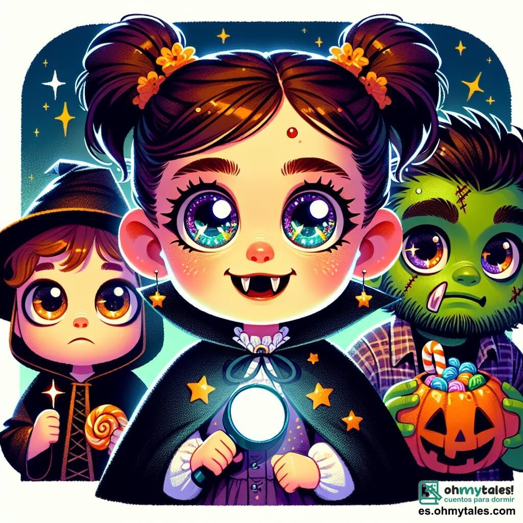 Una niña de 10 años, llamada Sofía, se encuentra en el centro de la imagen, con grandes ojos brillantes de curiosidad y una expresión de asombro y un poco de miedo. Lleva un disfraz de vampiro con una capa negra y un pequeño colmillo de plástico. A su derecha, Tomás, un niño de 10 años disfrazado de zombie, con maquillaje verde y ropa rasgada, la mira sonriendo y sostiene un puñado de dulces. A su izquierda, Valeria, también de 10 años y disfrazada de bruja con un sombrero puntiagudo y un vestido negro con estrellas, levanta los brazos emocionada. El escenario es una caverna misteriosa con paredes de piedra decoradas con dibujos de monstruos y luces brillantes, creando una atmósfera mágica y ligeramente inquietante. Los niños descubren una calabaza dorada en el centro de la caverna, rodeada de dulces flotantes, listos para enfrentar el desafío del Guardián de los Dulces, con una mezcla de emoción y aprensión en sus rostros.