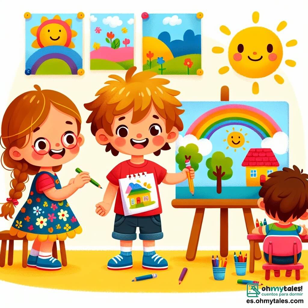 Un niño de 4 años, Juanito, con cabello castaño alborotado y una gran sonrisa, está de pie frente a una pizarra, sosteniendo orgullosamente su dibujo colorido de una casa y un sol. Lleva una camiseta roja y un pantalón corto azul, sus ojos brillan de emoción y orgullo. A su lado, su mejor amiga Ana, una niña de 4 años con cabello largo y rubio trenzado, admira su dibujo con una cálida sonrisa. Ella lleva un vestido de flores coloridas y sostiene un lápiz en su mano, lista para mostrar su propio dibujo. Un poco más allá, Pedro, un niño de 4 años con gafas y cabello negro, está dibujando un árbol en su hoja. Se ve concentrado y entusiasta, sentado en una pequeña mesa de madera. La escena tiene lugar en un aula luminosa, con paredes pintadas de amarillo y carteles coloridos colgados. Lápices, marcadores y hojas de papel están esparcidos sobre las mesas, creando un ambiente alegre y creativo. La situación principal muestra a Juanito presentando su dibujo a sus compañeros de clase, todos aplaudiendo y sonriendo, celebrando su creatividad y amistad en un momento de compartir y felicidad.