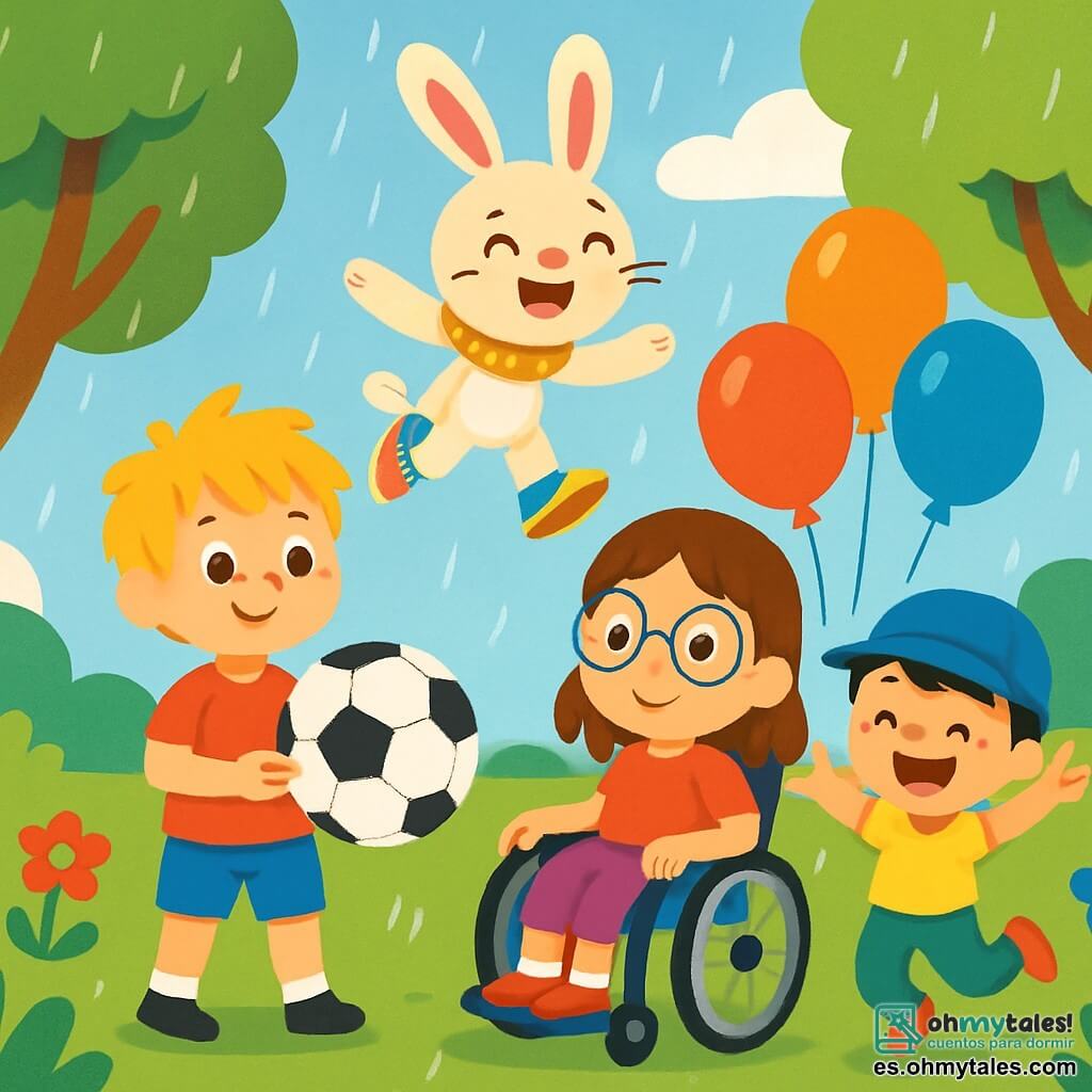Hay 4 personajes: Ana, una niña de 8 años, sonriente, con cabello castaño y gafas, en su silla de ruedas, rodeada de globos coloridos; Luis, un niño de 7 años, con cabello rubio desordenado, camiseta roja y pantalones cortos azules, sosteniendo un balón de fútbol y al lado de Ana; Mateo, un niño de 6 años, con cabello negro y gorra azul, saltando alegremente frente a Ana y Luis; y Brinco, un adorable conejo mágico con grandes orejas, zapatillas multicolores y una bufanda brillante, saltando sobre los niños. El lugar es un parque verde con grandes árboles de hojas brillantes, flores coloridas y un cielo azul con nubes blancas. La escena muestra a los niños y a Brinco jugando juntos bajo un gran árbol, riendo y animándose mientras se preparan para una carrera alegre, a pesar de la lluvia.