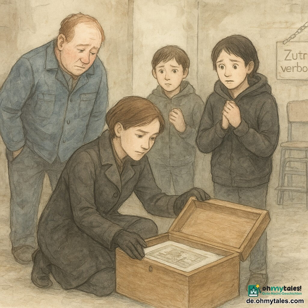 Die Detektivin Mina kniet ruhig und konzentriert da, hebt vorsichtig den Deckel einer Holzkiste mit einem Hoffnungsschimmer im Gesicht; dahinter steht die circa 15‑jährige Jule mit kurzer Haare und dunkler Kapuzenjacke, staubige Knie, Hände an der Brust, ängstlich, aber erleichtert; links Herr Lenz, etwa 50, blaue Arbeitsjacke, verlegener, eingezogener Blick, Hände in den Taschen; hinten sitzt der etwa 13‑jährige Tarek mit Mütze und einer Packung Pfefferminzbonbons neugierig auf einer Stufe; Schauplatz ist ein Bibliothekskeller mit blass‑fluoreszierender Beleuchtung, feinem weißen Staub auf dem Boden, gestapelten Metallstühlen, einem staubigen Bücherwagen, rauen Putzwänden und einem an einer Kette hängenden Schild „Zutritt verboten“; zentral wird die langsame Öffnung der Kiste gezeigt, in der eine alte, in Papier geschützte Grafik liegt, ein heller Rechteckfleck kontrastiert mit dem Staub, Gesichtsausdrücke von Erleichterung und Anspannung, intime, stille Entdeckungsstimmung.