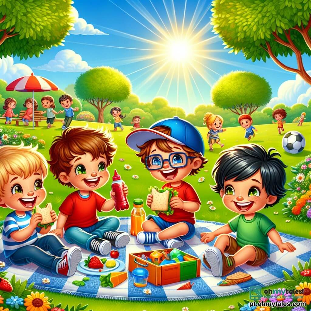 Em um parque ensolarado, quatro meninos estão reunidos em uma grande toalha de piquenique. Pedro, um menino de seis anos com cabelo castanho bagunçado e uma camiseta vermelha, sorri segurando um sanduíche. Ao lado dele, Lucas, outro menino de seis anos com óculos e cabelo loiro, ri segurando uma garrafa de suco. Tomás, um menino de seis anos com uma perna ligeiramente mais curta, está sentado na toalha, cercado por brinquedos coloridos, e olha para os amigos com um grande sorriso. Por fim, Rafael, um menino de seis anos com cabelo negro e um boné azul, está em pé mostrando uma folha pintada à mão com cores vivas. O parque está cheio de árvores verdes, flores coloridas e um céu azul brilhante. Ao longe, podem-se ver outras crianças jogando futebol e famílias passeando. Os quatro amigos estão desfrutando de um piquenique alegre, conversando e rindo juntos, enquanto celebram seu desafio de uma semana sem telas, descobrindo as alegrias de brincar e passar tempo juntos ao ar livre.