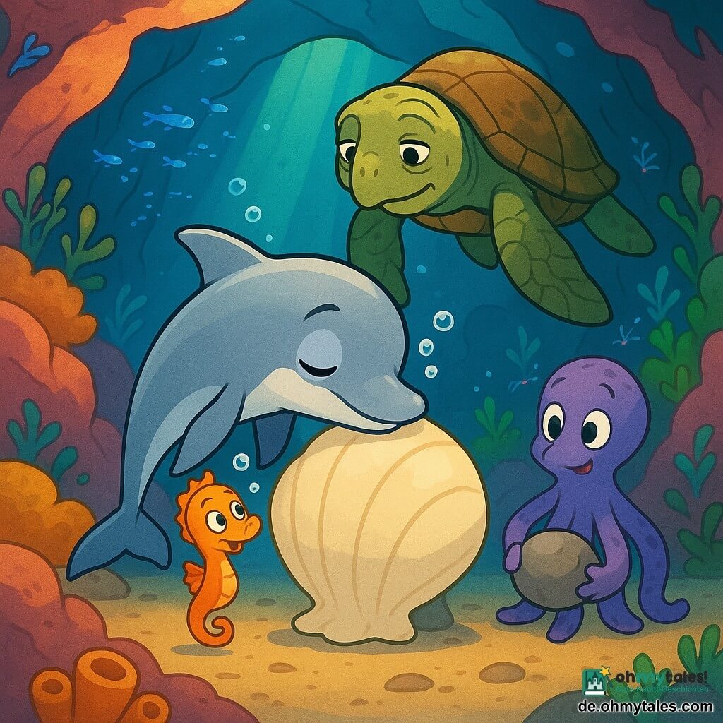 Ein stiller, tröstlicher Moment in einer kleinen Korallengrotte mit blau-grünen Lichtstrahlen: der junge, schlanke silberne Delfin Fink legt seinen Kopf sanft an eine große milchige Muschel, der sogenannten glockenmuschel, feine Blasen entweichen beim langsamen Atmen; hinter ihm wacht die alte braun-grün gezeichnete Meeresschildkröte Mava, vor der linken Seite dreht das kleine leuchtend orange Seepferdchen Nori fröhlich seine Runden und zählt Blasen, rechts stabilisiert der junge violette Oktopus Kanto mit zwei Tentakeln einen runden Stein, umgeben von rosa und gelben Korallenwänden, weichen orangen Schwämmen, schattigen Spalten und Schwärmen leuchtender Fische und putzenden Garnelen, in denen transparente Meeresströmungen und aufsteigende Blasen sichtbar sind.
