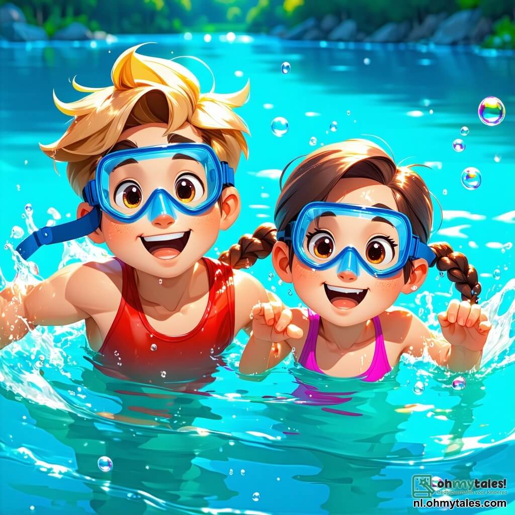 Een 8-jarig jongetje, Lars, met messy blond haar en sprankelende ogen, zwemt enthousiast in een turquoise meer. Hij draagt een felrode zwembroek en een blauwe duikmasker. Naast hem is zijn beste vriendin Emma, een 7-jarig meisje met gevlochten bruin haar en een stralende glimlach, die bubbels maakt terwijl ze onderwater duikt. Hun gezichten worden verlicht door de zon en ze zijn verwonderd door de kleurrijke vissen die om hen heen zwemmen. Op de achtergrond wordt het meer omringd door grote groene bomen en zachte heuvels, onder een heldere blauwe lucht met enkele witte wolken. De scène toont een blije moment waarop Lars en Emma de onderwaterwereld verkennen, vol opwinding en nieuwsgierigheid, terwijl ze samen de wonderen van de zomer ontdekken.